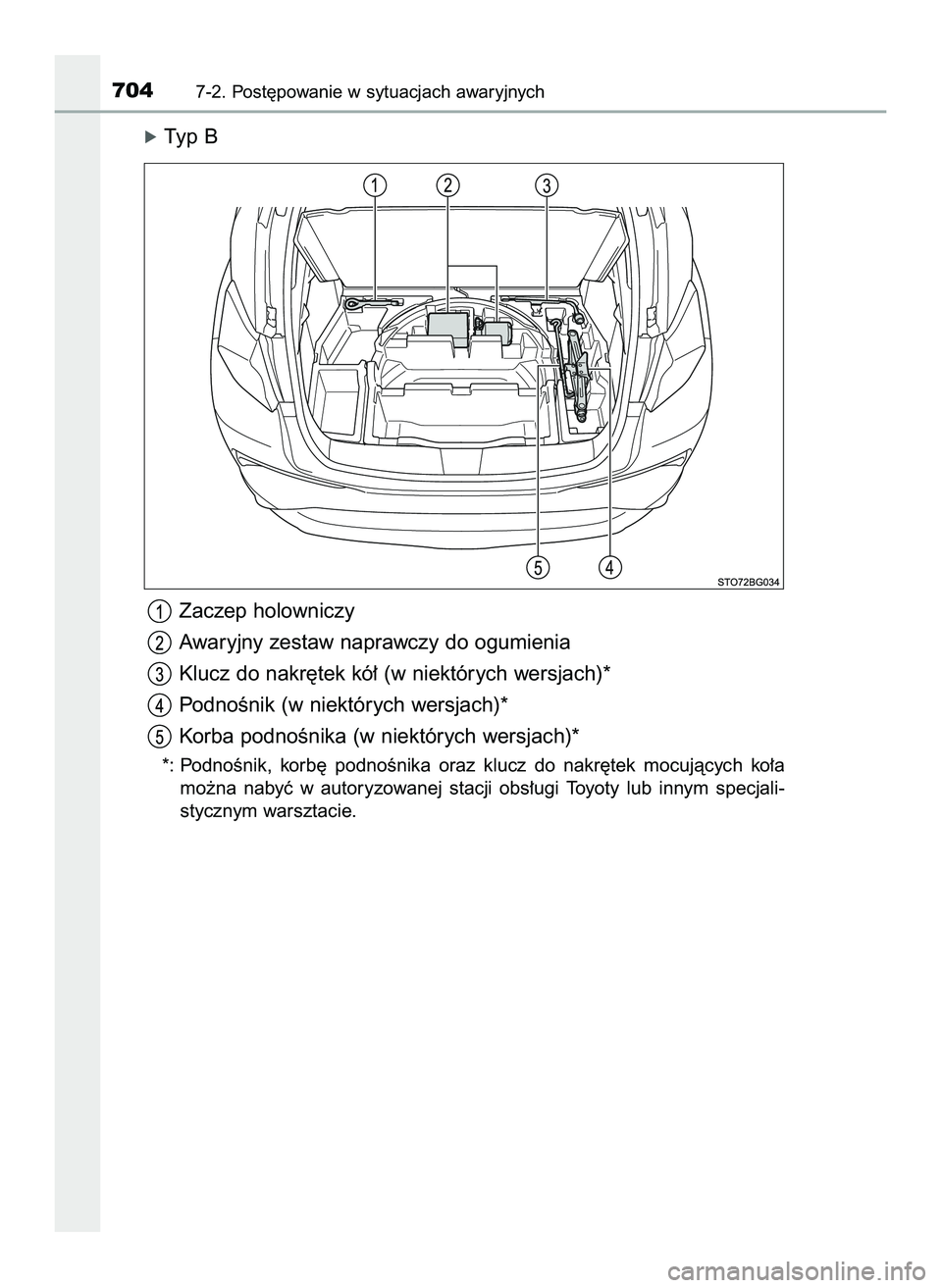 TOYOTA C-HR 2020  Instrukcja obsługi (in Polish) óTyp B
Zaczep holowniczy
Awaryjny zestaw naprawczy do ogumienia
Klucz do nakr´tek kó∏ (w niektórych wersjach)*
PodnoÊnik (w niektórych wersjach)*
Korba podnoÊnika (w niektórych wersjach)*
*: