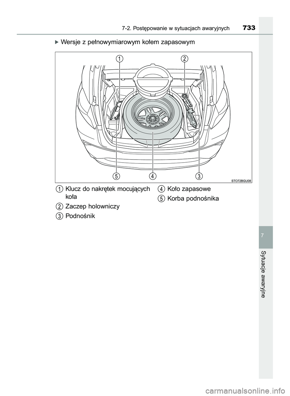 TOYOTA C-HR 2020  Instrukcja obsługi (in Polish) óWersje z pe∏nowymiarowym ko∏em zapasowym
7-2. Post´powanie w sytuacjach awaryjnych733
7
Sytuacje awaryjne
Klucz  do  nakr´tek  mocujàcych
ko∏a
Zaczep holowniczy
PodnoÊnikKo∏o zapasowe
Ko