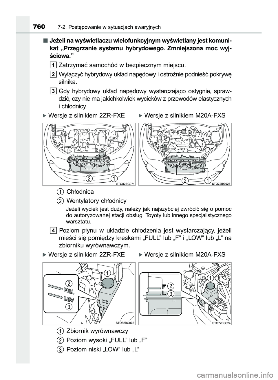 TOYOTA C-HR 2020  Instrukcja obsługi (in Polish) Je˝eli na wyÊwietlaczu wielofunkcyjnym wyÊwietlany jest komuni-
kat  „Przegrzanie  systemu  hybrydowego.  Zmniejszona  moc  wyj-
Êciowa.”
Zatrzymaç samochód w bezpiecznym miejscu.
Wy∏àczy