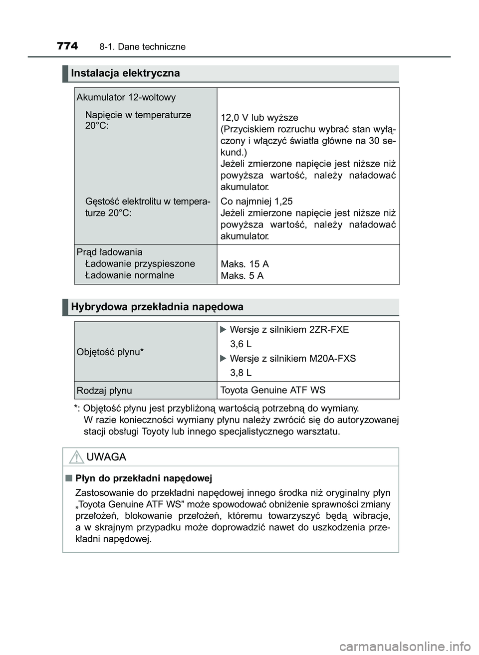 TOYOTA C-HR 2020 Instrukcja obsługi (in Polish) *: Obj´toÊç p∏ynu jest przybli˝onà war toÊcià potrzebnà do wymiany.
W razie koniecznoÊci wymiany p∏ynu nale˝y zwróciç si´ do autoryzowanej
stacji obs∏ugi Toyoty lub innego specjalis TOYOTA C-HR 2020 Instrukcja obsługi (in Polish) *: Obj´toÊç p∏ynu jest przybli˝onà war toÊcià potrzebnà do wymiany.
W razie koniecznoÊci wymiany p∏ynu nale˝y zwróciç si´ do autoryzowanej
stacji obs∏ugi Toyoty lub innego specjalis