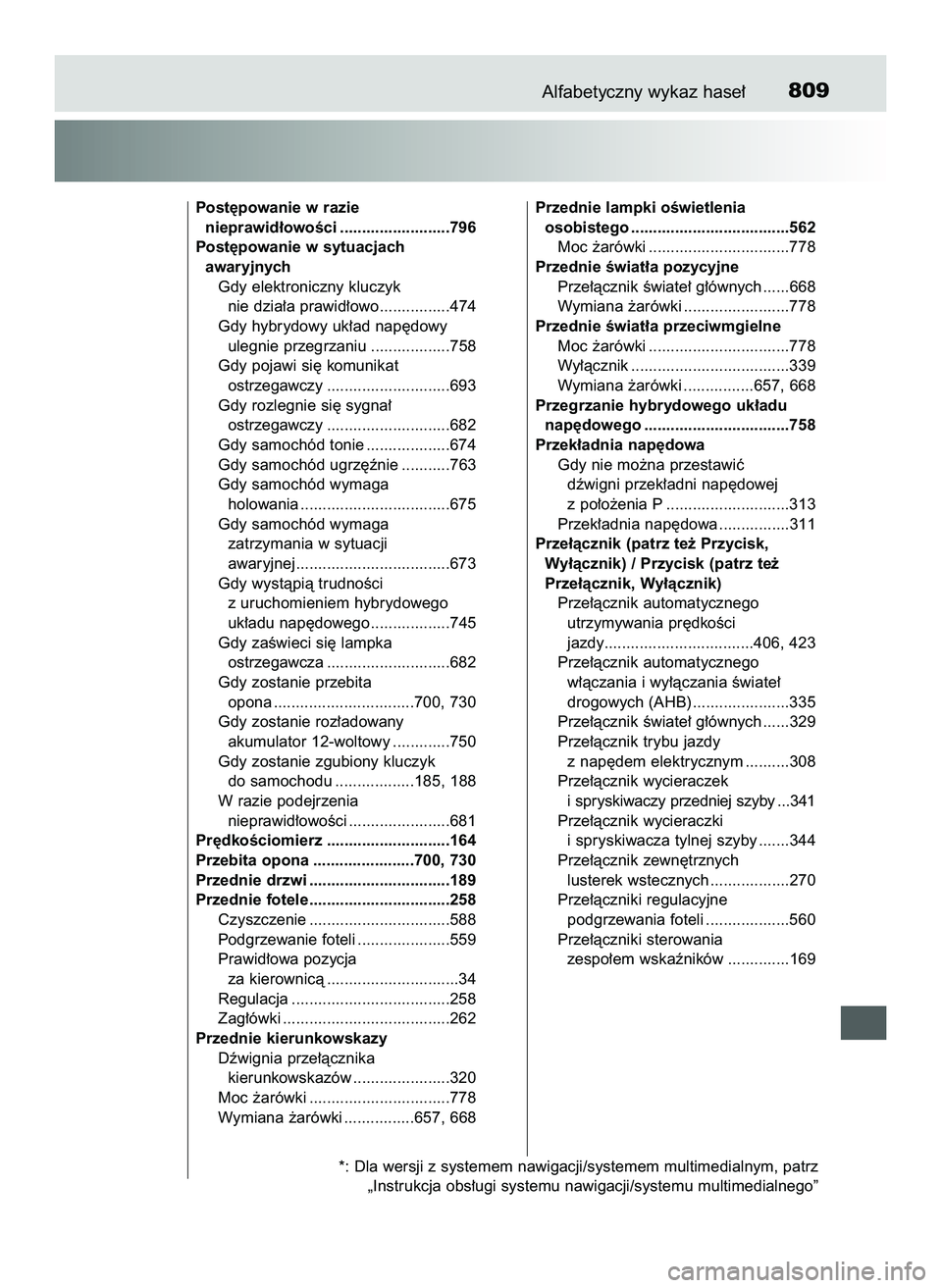TOYOTA C-HR 2020  Instrukcja obsługi (in Polish) Alfabetyczny wykaz hase∏809
Post´powanie w razie 
nieprawid∏owoÊci .........................796
Post´powanie w sytuacjach 
awaryjnych 
Gdy elektroniczny kluczyk 
nie dzia∏a prawid∏owo......