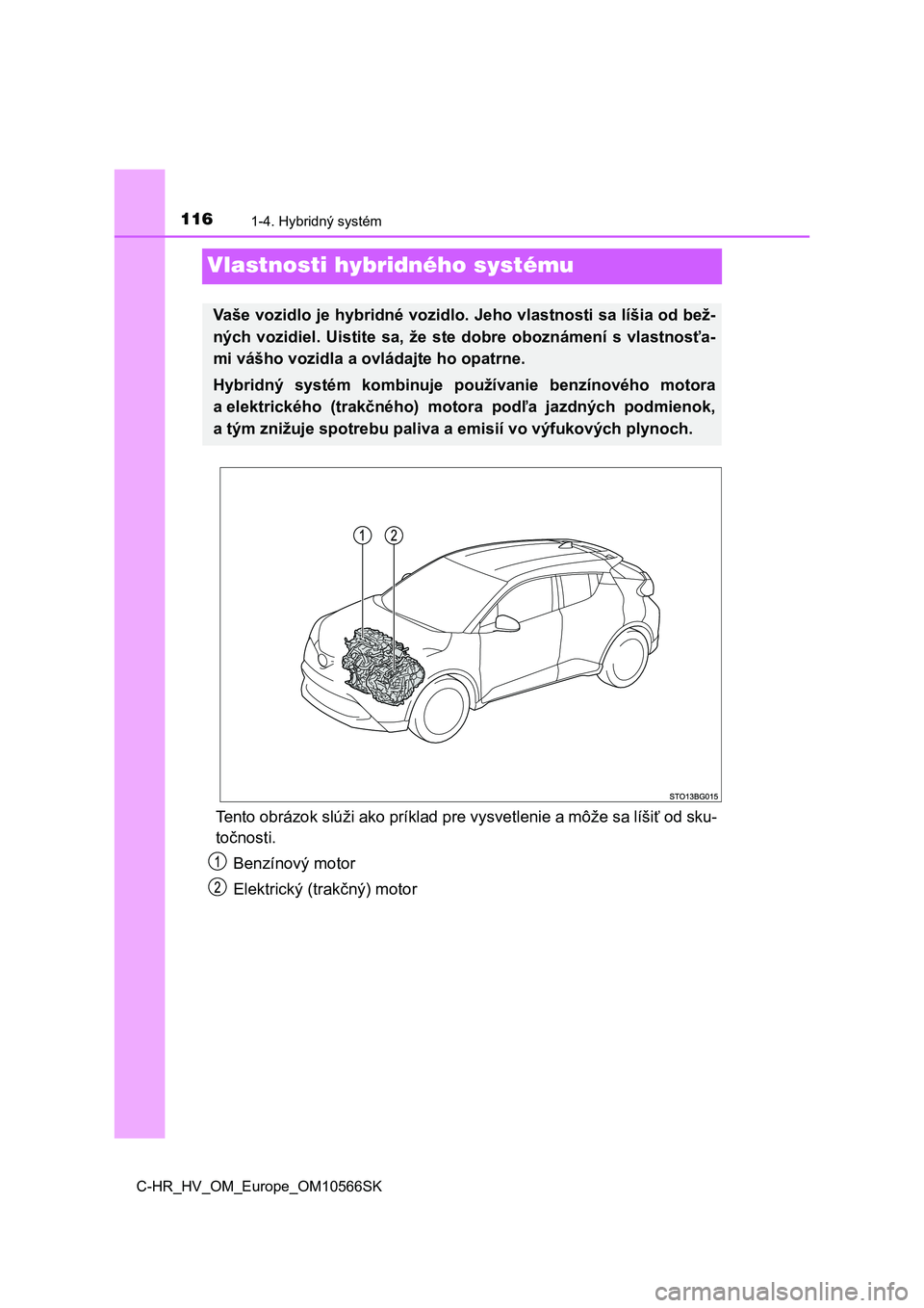 TOYOTA C-HR 2021 Návod na použitie (in Slovakian) 1161-4. Hybridný systém
C-HR_HV_OM_Europe_OM10566SK
Vlastnosti hybridného systému
Tento obrázok slúži ako príklad pre vysvetlenie a môže sa líšiť od sku-
točnosti.
Benzínový motor
El TOYOTA C-HR 2021 Návod na použitie (in Slovakian) 1161-4. Hybridný systém
C-HR_HV_OM_Europe_OM10566SK
Vlastnosti hybridného systému
Tento obrázok slúži ako príklad pre vysvetlenie a môže sa líšiť od sku-
točnosti.
Benzínový motor
El