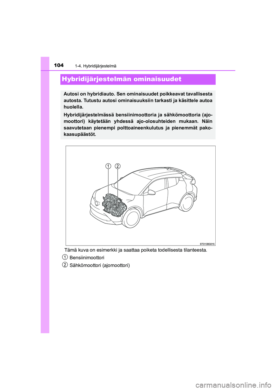 TOYOTA C-HR 2020 Omistajan Käsikirja (in Finnish) 1041-4. Hybridijärjestelmä
C-HR_HV_OM_Europe_OM10566FI
Hybridijärjestelmän ominaisuudet
Tämä kuva on esimerkki ja saattaa poiketa todellisesta tilanteesta.
Bensiinimoottori
Sähkömoottori (ajom TOYOTA C-HR 2020 Omistajan Käsikirja (in Finnish) 1041-4. Hybridijärjestelmä
C-HR_HV_OM_Europe_OM10566FI
Hybridijärjestelmän ominaisuudet
Tämä kuva on esimerkki ja saattaa poiketa todellisesta tilanteesta.
Bensiinimoottori
Sähkömoottori (ajom