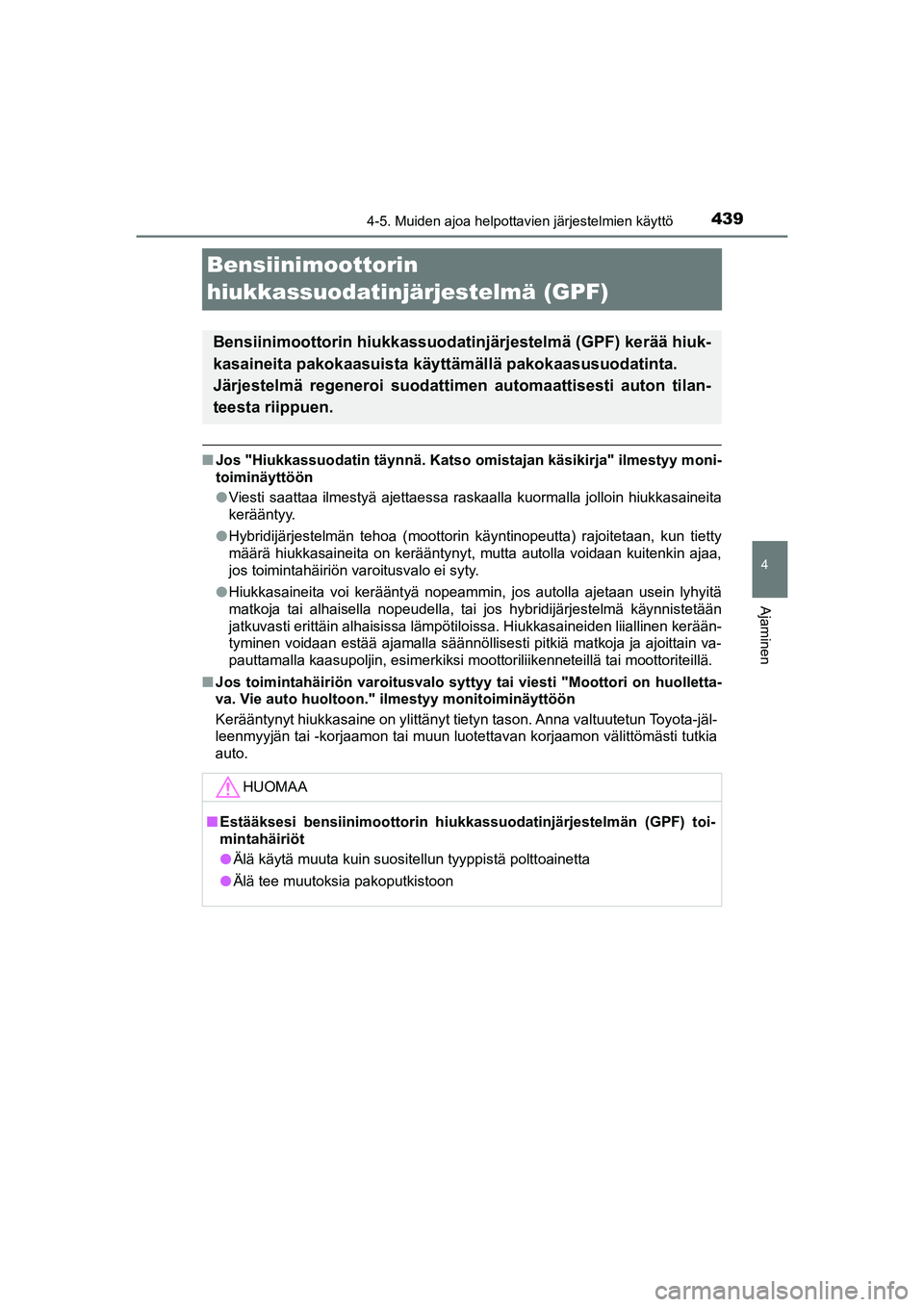 TOYOTA C-HR 2020  Omistajan Käsikirja (in Finnish) 439
4
4-5. Muiden ajoa helpottavien järjestelmien käyttö
Ajaminen
C-HR_HV_OM_Europe_OM10566FI
Bensiinimoottorin 
hiukkassuodatinjärjestelmä (GPF)
nJos "Hiukkassuodatin täynnä. Katso omistajan k