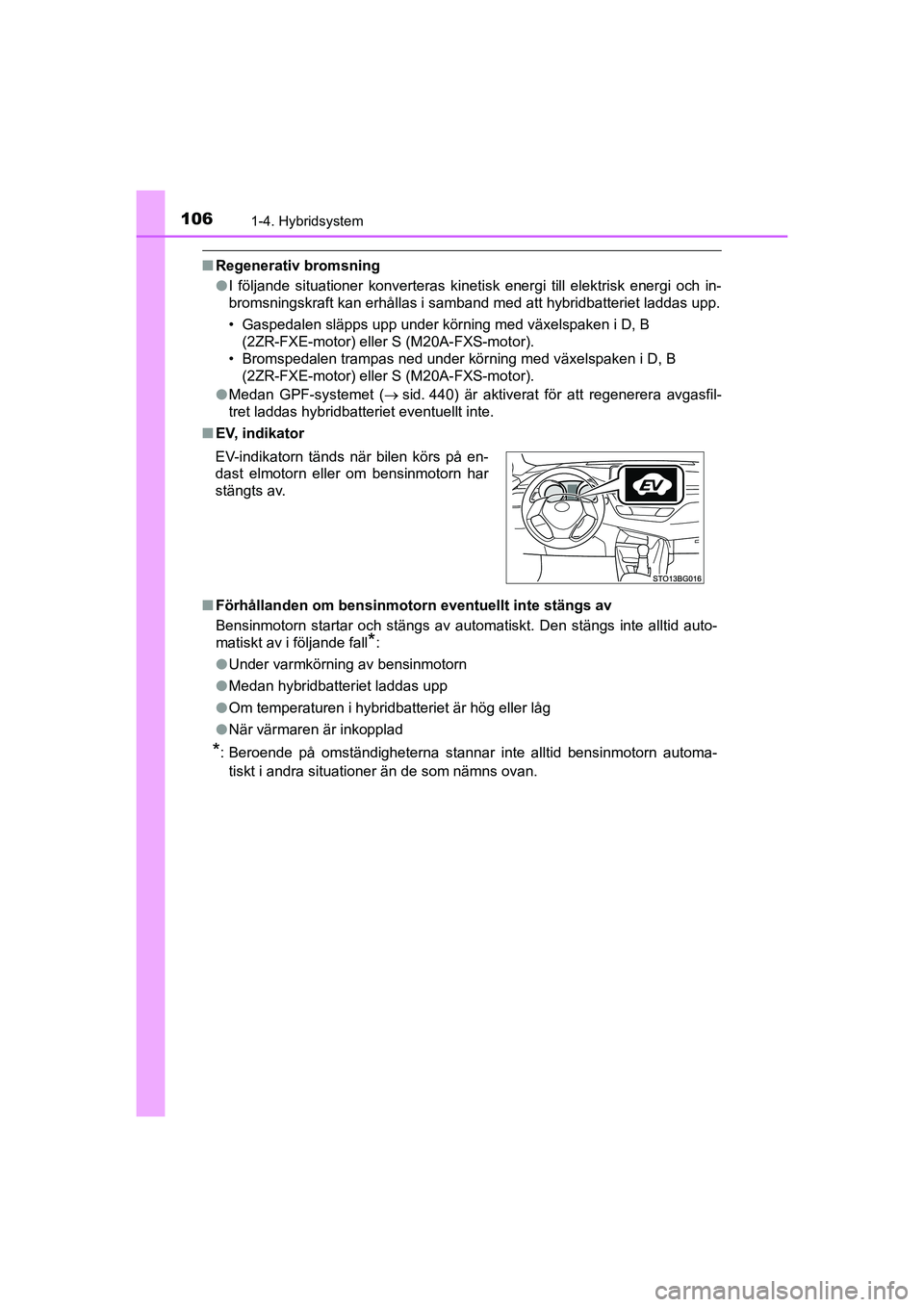 TOYOTA C-HR 2021 Bruksanvisningar (in Swedish) 1061-4. Hybridsystem
C-HR_HV_OM_Europe_OM10647SE
nRegenerativ bromsning
lI följande situationer konverteras kinetisk energi till elektrisk energi och in-
bromsningskraft kan erhållas i samband med a TOYOTA C-HR 2021 Bruksanvisningar (in Swedish) 1061-4. Hybridsystem
C-HR_HV_OM_Europe_OM10647SE
nRegenerativ bromsning
lI följande situationer konverteras kinetisk energi till elektrisk energi och in-
bromsningskraft kan erhållas i samband med a