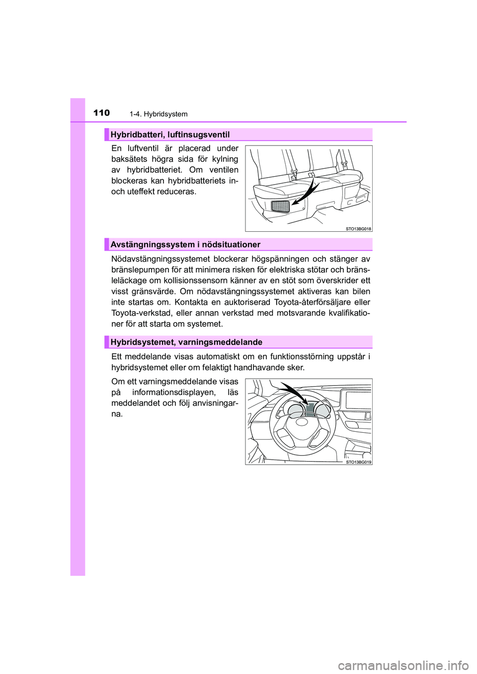 TOYOTA C-HR 2020 Bruksanvisningar (in Swedish) 1101-4. Hybridsystem
C-HR_HV_OM_Europe_OM10647SE
En luftventil är placerad under
baksätets högra sida för kylning
av hybridbatteriet. Om ventilen
blockeras kan hybridbatteriets in-
och uteffekt re TOYOTA C-HR 2020 Bruksanvisningar (in Swedish) 1101-4. Hybridsystem
C-HR_HV_OM_Europe_OM10647SE
En luftventil är placerad under
baksätets högra sida för kylning
av hybridbatteriet. Om ventilen
blockeras kan hybridbatteriets in-
och uteffekt re