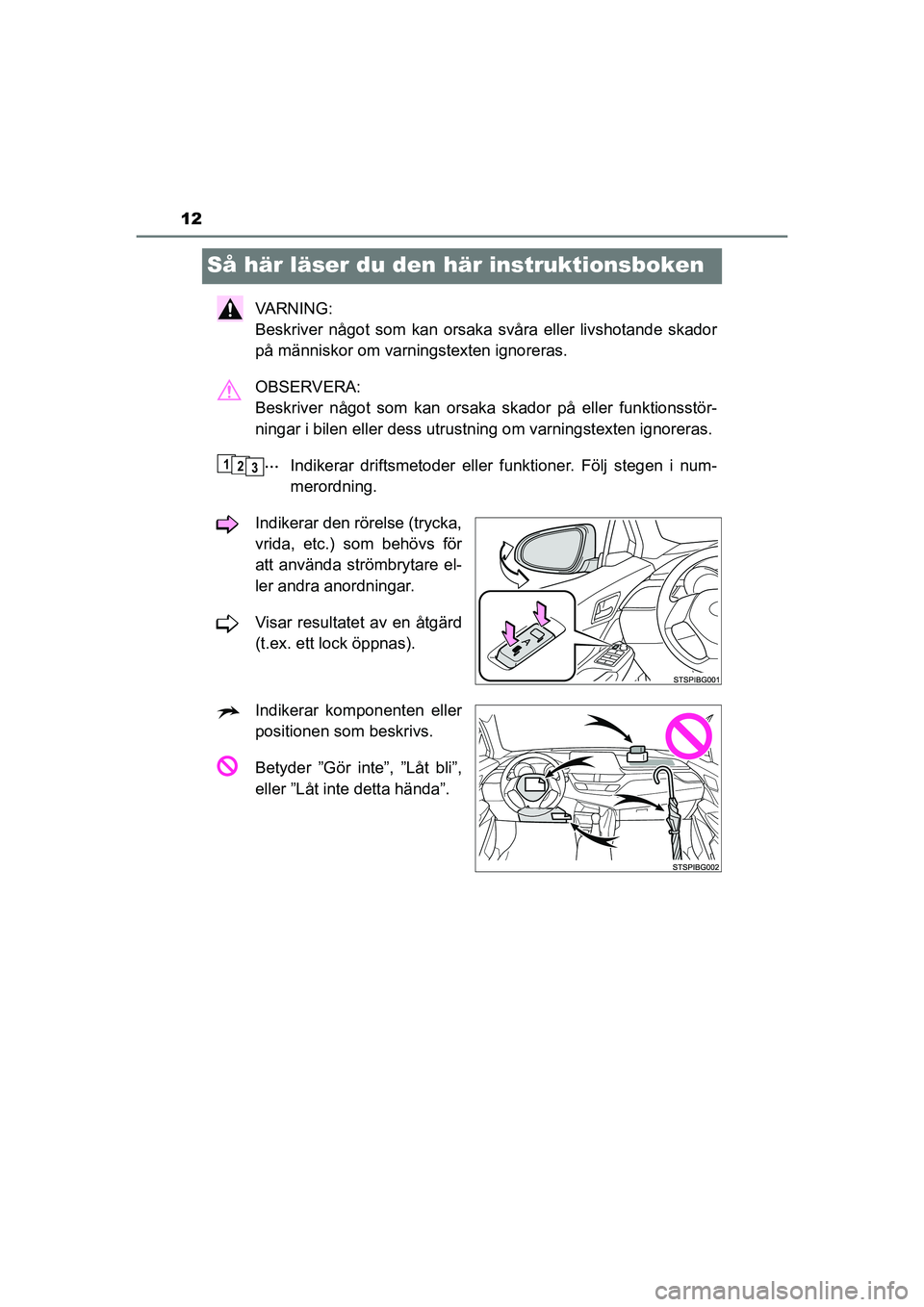 TOYOTA C-HR 2021 Bruksanvisningar (in Swedish) 12
C-HR_HV_OM_Europe_OM10647SE
Så här läser du den här instruktionsboken
VA R N I N G :
Beskriver något som kan orsaka svåra eller livshotande skador
på människor om varningstexten ignoreras TOYOTA C-HR 2021 Bruksanvisningar (in Swedish) 12
C-HR_HV_OM_Europe_OM10647SE
Så här läser du den här instruktionsboken
VA R N I N G :
Beskriver något som kan orsaka svåra eller livshotande skador
på människor om varningstexten ignoreras