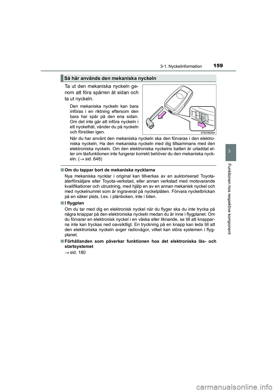 TOYOTA C-HR 2021 Bruksanvisningar (in Swedish) 1593-1. Nyckelinformation
3
Funktionen hos respektive komponent
C-HR_HV_OM_Europe_OM10647SE
Ta ut den mekaniska nyckeln ge-
nom att föra spärren åt sidan och
ta ut nyckeln.
Den mekaniska nyckeln ka TOYOTA C-HR 2021 Bruksanvisningar (in Swedish) 1593-1. Nyckelinformation
3
Funktionen hos respektive komponent
C-HR_HV_OM_Europe_OM10647SE
Ta ut den mekaniska nyckeln ge-
nom att föra spärren åt sidan och
ta ut nyckeln.
Den mekaniska nyckeln ka