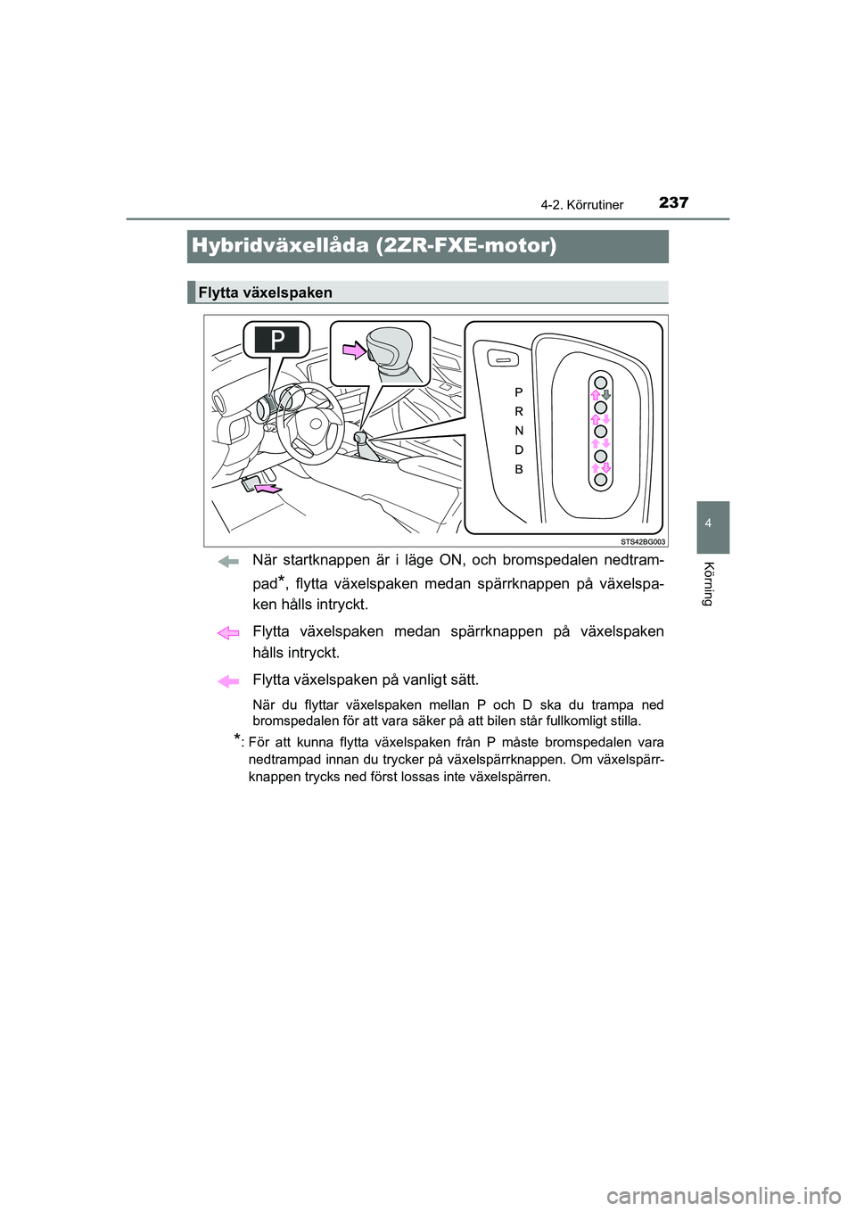 TOYOTA C-HR 2020 Bruksanvisningar (in Swedish) 237
4
4-2. Körrutiner
Körning
C-HR_HV_OM_Europe_OM10647SE
Hybridväxellåda (2ZR-FXE-motor)
När startknappen är i läge ON, och bromspedalen nedtram-
pad
*, flytta växelspaken medan spärrknappen TOYOTA C-HR 2020 Bruksanvisningar (in Swedish) 237
4
4-2. Körrutiner
Körning
C-HR_HV_OM_Europe_OM10647SE
Hybridväxellåda (2ZR-FXE-motor)
När startknappen är i läge ON, och bromspedalen nedtram-
pad
*, flytta växelspaken medan spärrknappen
