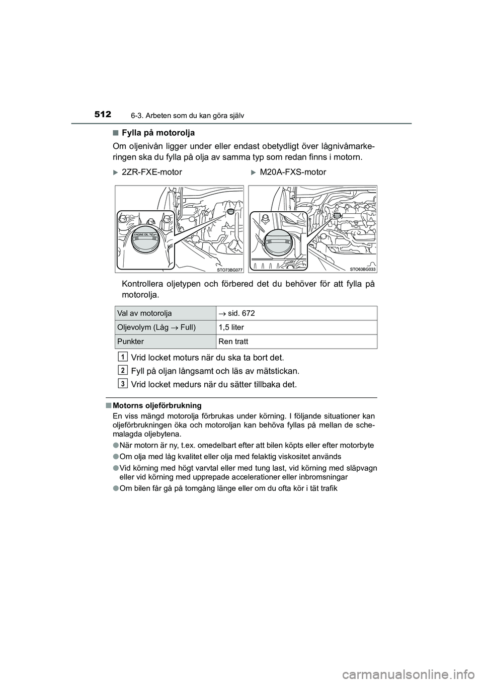 TOYOTA C-HR 2020 Bruksanvisningar (in Swedish) 5126-3. Arbeten som du kan göra själv
C-HR_HV_OM_Europe_OM10647SEn
Fylla på motorolja
Om oljenivån ligger under eller endast obetydligt över lågnivåmarke-
ringen ska du fylla på olja av samma TOYOTA C-HR 2020 Bruksanvisningar (in Swedish) 5126-3. Arbeten som du kan göra själv
C-HR_HV_OM_Europe_OM10647SEn
Fylla på motorolja
Om oljenivån ligger under eller endast obetydligt över lågnivåmarke-
ringen ska du fylla på olja av samma