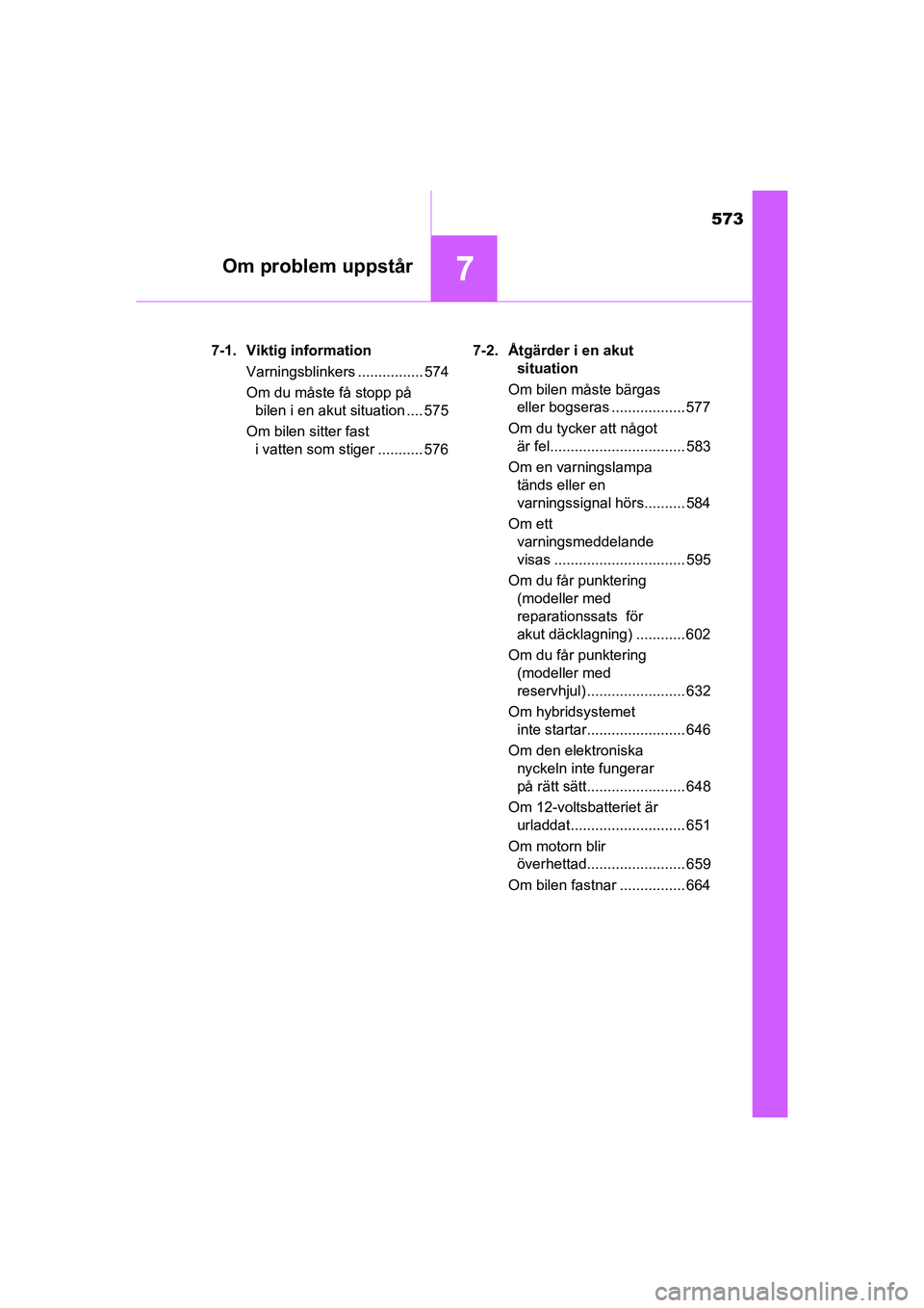 TOYOTA C-HR 2021  Bruksanvisningar (in Swedish) 573
7Om problem uppstår
C-HR_HV_OM_Europe_OM10647SE7-1. Viktig information
Varningsblinkers ................ 574
Om du måste få stopp på bilen i en akut situation .... 575
Om bilen sitter fast  i 