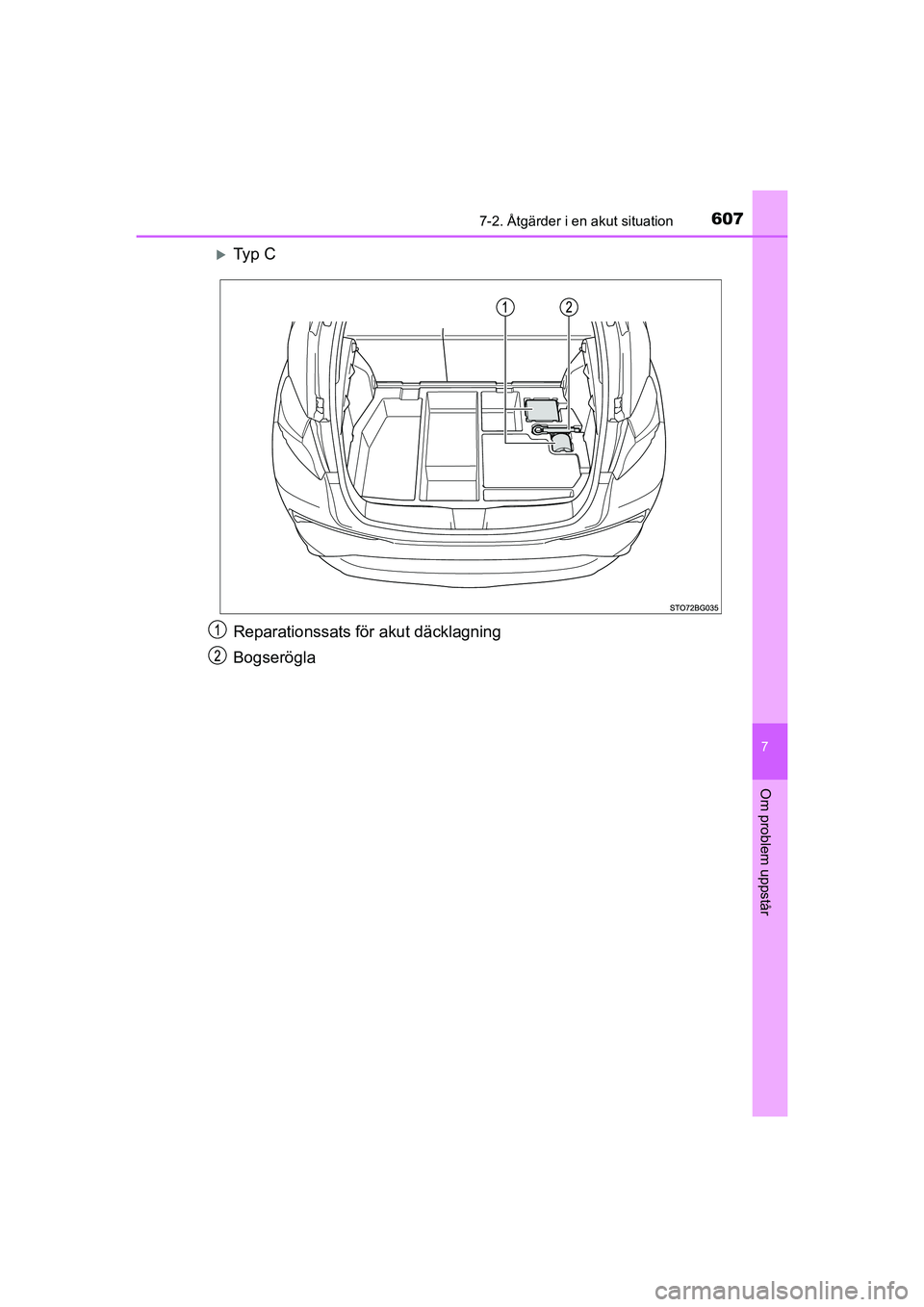 TOYOTA C-HR 2020 Bruksanvisningar (in Swedish) 6077-2. Åtgärder i en akut situation
C-HR_HV_OM_Europe_OM10647SE
7
Om problem uppstår
Ty p C
Reparationssats för akut däcklagning
Bogserögla
OM10566SE.book Page 607 Wednesday, February 3, TOYOTA C-HR 2020 Bruksanvisningar (in Swedish) 6077-2. Åtgärder i en akut situation
C-HR_HV_OM_Europe_OM10647SE
7
Om problem uppstår
Ty p C
Reparationssats för akut däcklagning
Bogserögla
OM10566SE.book Page 607 Wednesday, February 3,