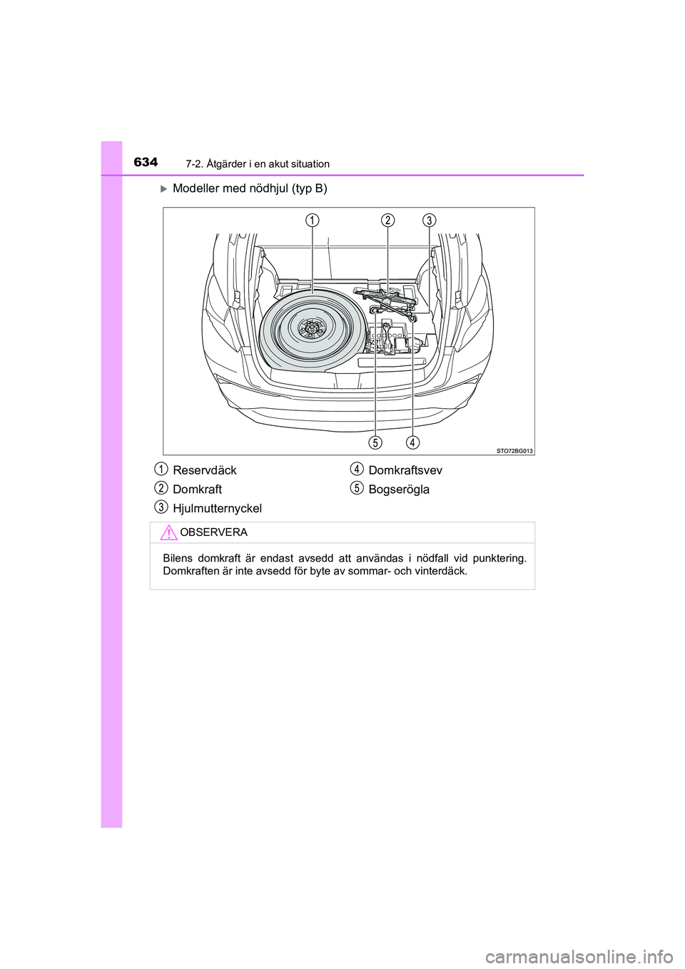 TOYOTA C-HR 2020 Bruksanvisningar (in Swedish) 6347-2. Åtgärder i en akut situation
C-HR_HV_OM_Europe_OM10647SE
Modeller med nödhjul (typ B)
Reservdäck
Domkraft
HjulmutternyckelDomkraftsvev
Bogserögla
OBSERVERA
Bilens domkraft är endast a TOYOTA C-HR 2020 Bruksanvisningar (in Swedish) 6347-2. Åtgärder i en akut situation
C-HR_HV_OM_Europe_OM10647SE
Modeller med nödhjul (typ B)
Reservdäck
Domkraft
HjulmutternyckelDomkraftsvev
Bogserögla
OBSERVERA
Bilens domkraft är endast a