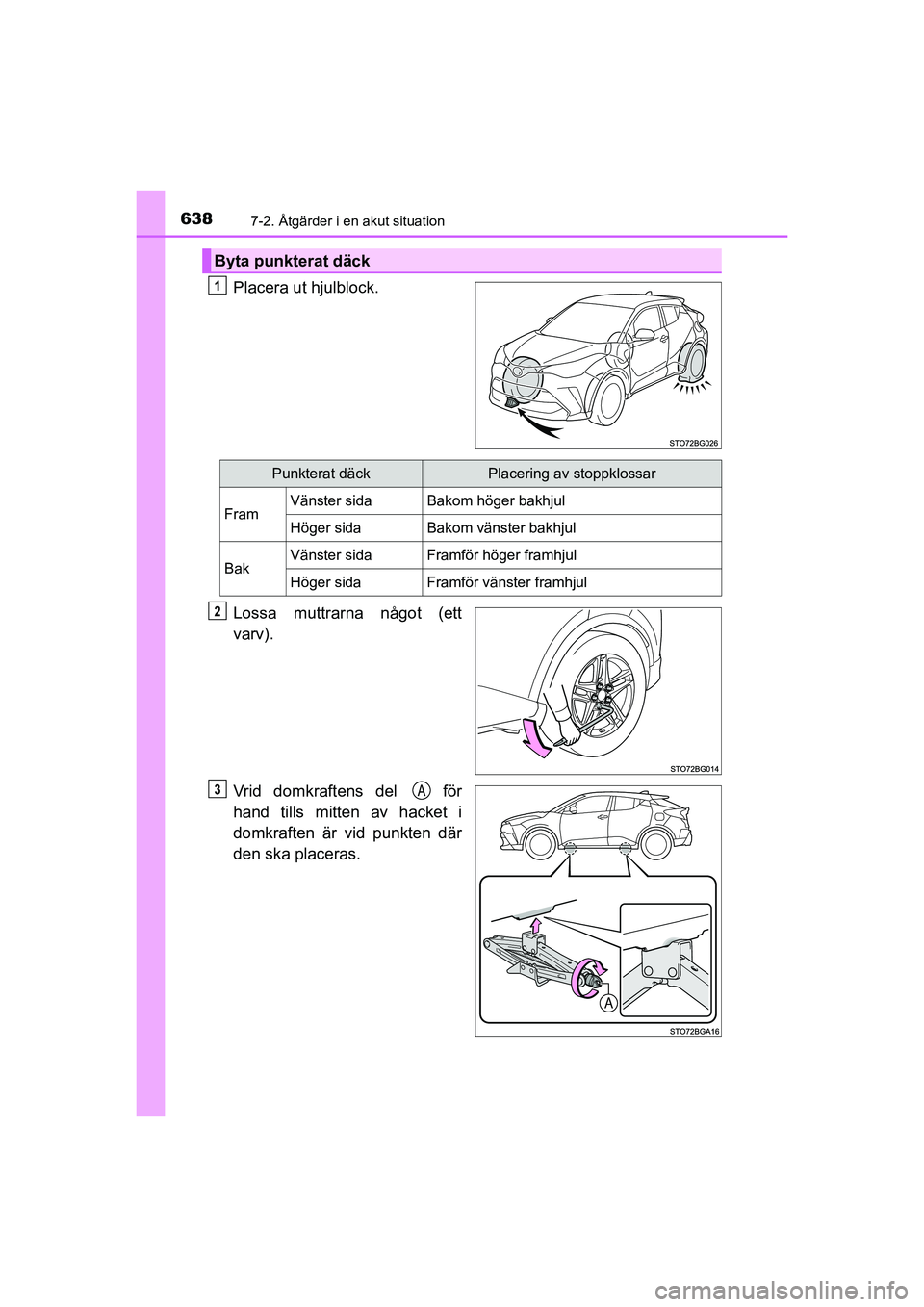 TOYOTA C-HR 2020 Bruksanvisningar (in Swedish) 6387-2. Åtgärder i en akut situation
C-HR_HV_OM_Europe_OM10647SE
Placera ut hjulblock.
Lossa muttrarna något (ett
varv).
Vrid domkraftens del för
hand tills mitten av hacket i
domkraften är vid TOYOTA C-HR 2020 Bruksanvisningar (in Swedish) 6387-2. Åtgärder i en akut situation
C-HR_HV_OM_Europe_OM10647SE
Placera ut hjulblock.
Lossa muttrarna något (ett
varv).
Vrid domkraftens del för
hand tills mitten av hacket i
domkraften är vid