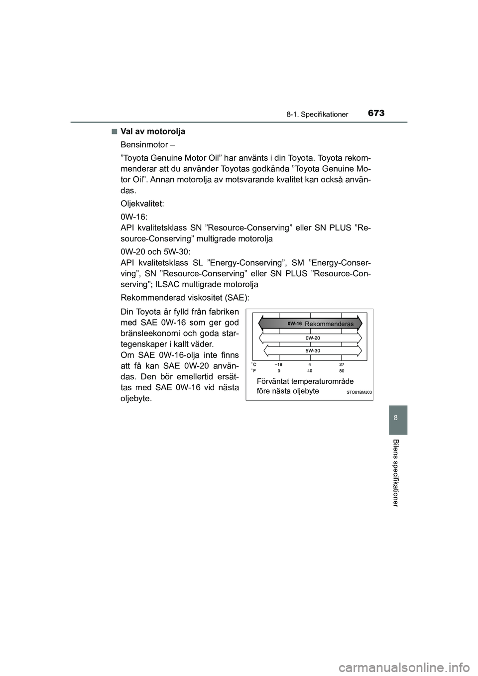 TOYOTA C-HR 2020 Bruksanvisningar (in Swedish) 6738-1. Specifikationer
C-HR_HV_OM_Europe_OM10647SE
8
Bilens specifikationer
nVal av motorolja
Bensinmotor –
”Toyota Genuine Motor Oil” har använts i din Toyota. Toyota rekom-
menderar att du a TOYOTA C-HR 2020 Bruksanvisningar (in Swedish) 6738-1. Specifikationer
C-HR_HV_OM_Europe_OM10647SE
8
Bilens specifikationer
nVal av motorolja
Bensinmotor –
”Toyota Genuine Motor Oil” har använts i din Toyota. Toyota rekom-
menderar att du a