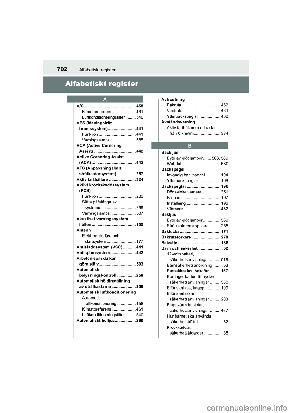 TOYOTA C-HR 2020 Bruksanvisningar (in Swedish) 702Alfabetiskt register
C-HR_HV_OM_Europe_OM10647SE
Alfabetiskt register
A/C............................................. 458Klimatpreferens ..................... 461
Luftkonditioneringsfilter ....... TOYOTA C-HR 2020 Bruksanvisningar (in Swedish) 702Alfabetiskt register
C-HR_HV_OM_Europe_OM10647SE
Alfabetiskt register
A/C............................................. 458Klimatpreferens ..................... 461
Luftkonditioneringsfilter .......