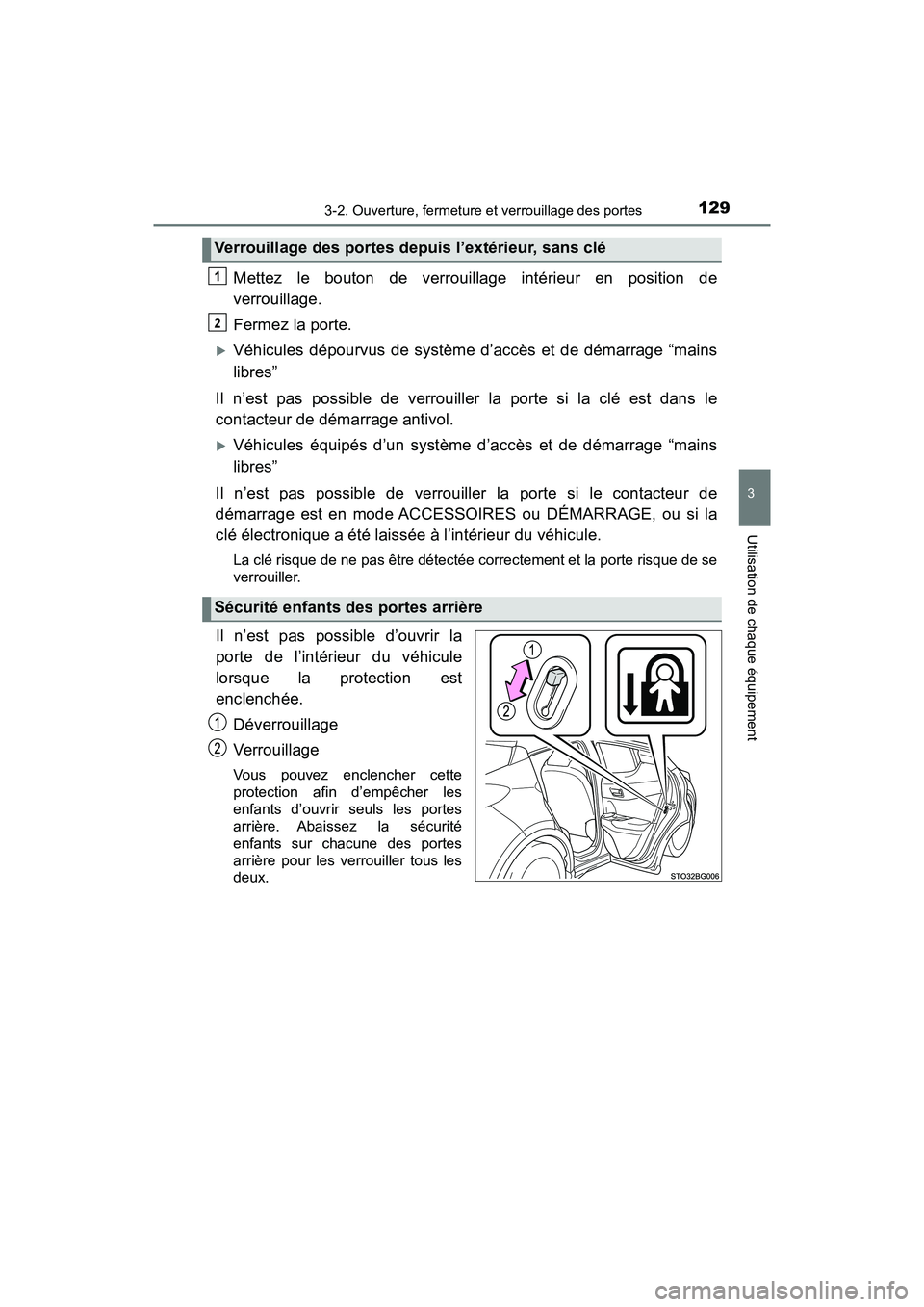 TOYOTA C-HR 2020  Manuel du propriétaire (in French) 1293-2. Ouverture, fermeture et verrouillage des portes
3
Utilisation de chaque équipement
C-HR_OM_USA_OM10634D
Mettez le bouton de verrouillage intérieur en position de
verrouillage.
Fermez la port