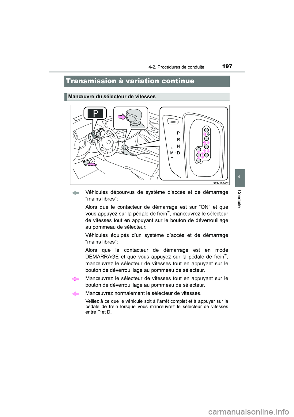 TOYOTA C-HR 2020 Manuel du propriétaire (in French) 1974-2. Procédures de conduite
4
Conduite
C-HR_OM_USA_OM10634D
Transmission à variation continue
Véhicules dépourvus de système d’accès et de démarrage
“mains libres”:
Alors que le contac TOYOTA C-HR 2020 Manuel du propriétaire (in French) 1974-2. Procédures de conduite
4
Conduite
C-HR_OM_USA_OM10634D
Transmission à variation continue
Véhicules dépourvus de système d’accès et de démarrage
“mains libres”:
Alors que le contac