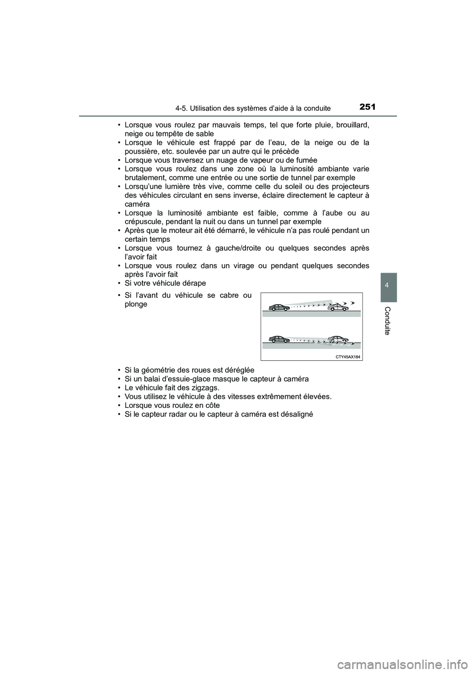 TOYOTA C-HR 2020 Manuel du propriétaire (in French) 2514-5. Utilisation des systèmes d’aide à la conduite
4
Conduite
C-HR_OM_USA_OM10634D• Lorsque vous roulez par mauvais temps, tel que forte pluie, brouillard,
neige ou tempête de sable
• Lors TOYOTA C-HR 2020 Manuel du propriétaire (in French) 2514-5. Utilisation des systèmes d’aide à la conduite
4
Conduite
C-HR_OM_USA_OM10634D• Lorsque vous roulez par mauvais temps, tel que forte pluie, brouillard,
neige ou tempête de sable
• Lors