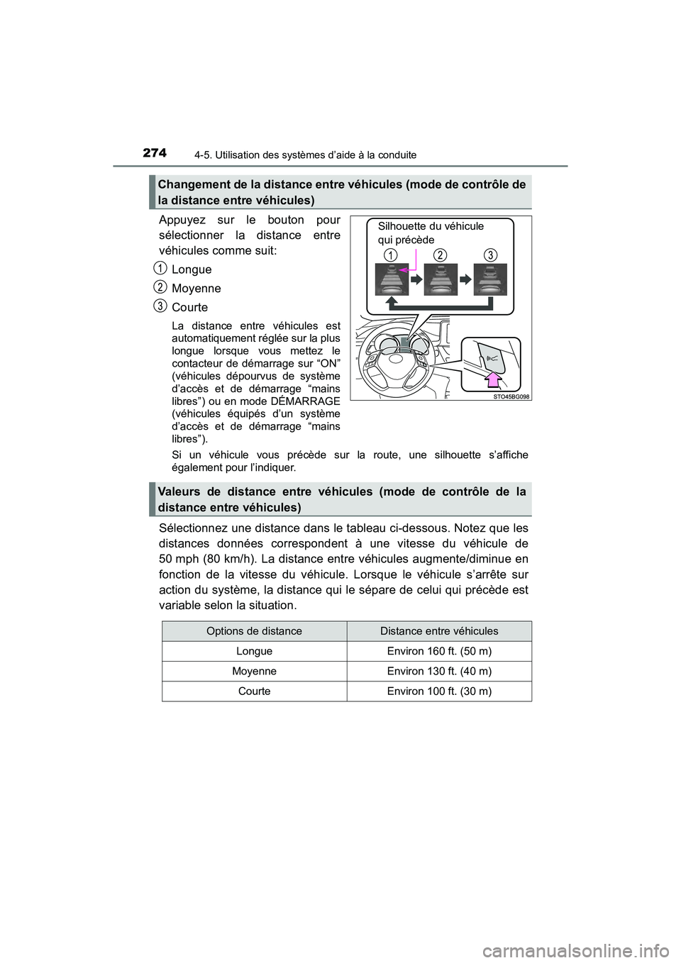 TOYOTA C-HR 2020 Manuel du propriétaire (in French) 2744-5. Utilisation des systèmes d’aide à la conduite
C-HR_OM_USA_OM10634D
Appuyez sur le bouton pour
sélectionner la distance entre
véhicules comme suit:Longue
Moyenne
Courte
La distance entre TOYOTA C-HR 2020 Manuel du propriétaire (in French) 2744-5. Utilisation des systèmes d’aide à la conduite
C-HR_OM_USA_OM10634D
Appuyez sur le bouton pour
sélectionner la distance entre
véhicules comme suit:Longue
Moyenne
Courte
La distance entre