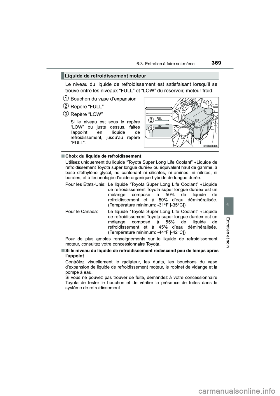 TOYOTA C-HR 2020 Manuel du propriétaire (in French) 3696-3. Entretien à faire soi-même
6
Entretien et soin
C-HR_OM_USA_OM10634D
Le niveau du liquide de refroidissement est satisfaisant lorsqu’il se
trouve entre les niveaux “FULL” et “LOW” d TOYOTA C-HR 2020 Manuel du propriétaire (in French) 3696-3. Entretien à faire soi-même
6
Entretien et soin
C-HR_OM_USA_OM10634D
Le niveau du liquide de refroidissement est satisfaisant lorsqu’il se
trouve entre les niveaux “FULL” et “LOW” d