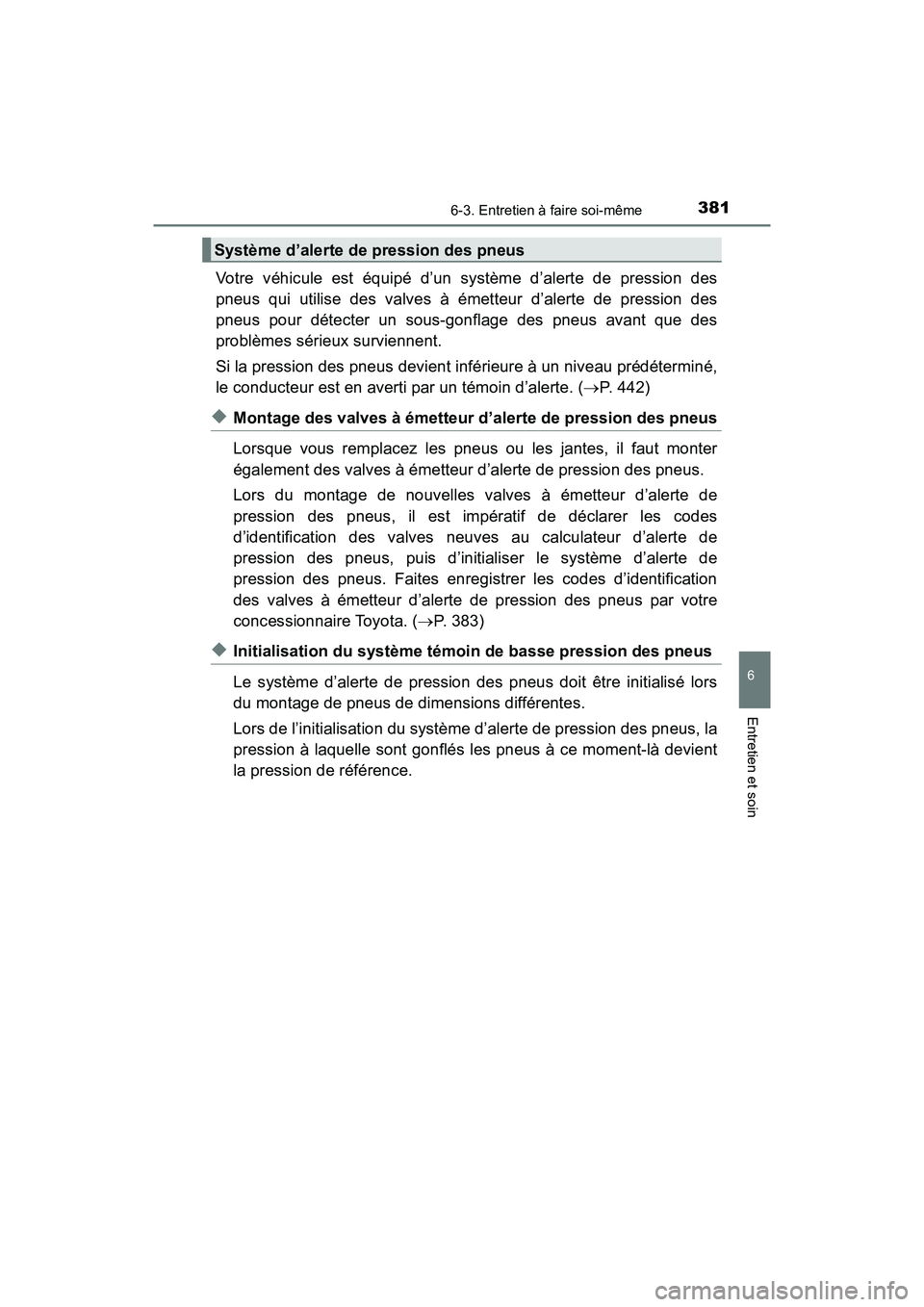 TOYOTA C-HR 2020 Manuel du propriétaire (in French) 3816-3. Entretien à faire soi-même
6
Entretien et soin
C-HR_OM_USA_OM10634D
Votre véhicule est équipé d’un système d’alerte de pression des
pneus qui utilise des valves à émetteur d’aler TOYOTA C-HR 2020 Manuel du propriétaire (in French) 3816-3. Entretien à faire soi-même
6
Entretien et soin
C-HR_OM_USA_OM10634D
Votre véhicule est équipé d’un système d’alerte de pression des
pneus qui utilise des valves à émetteur d’aler