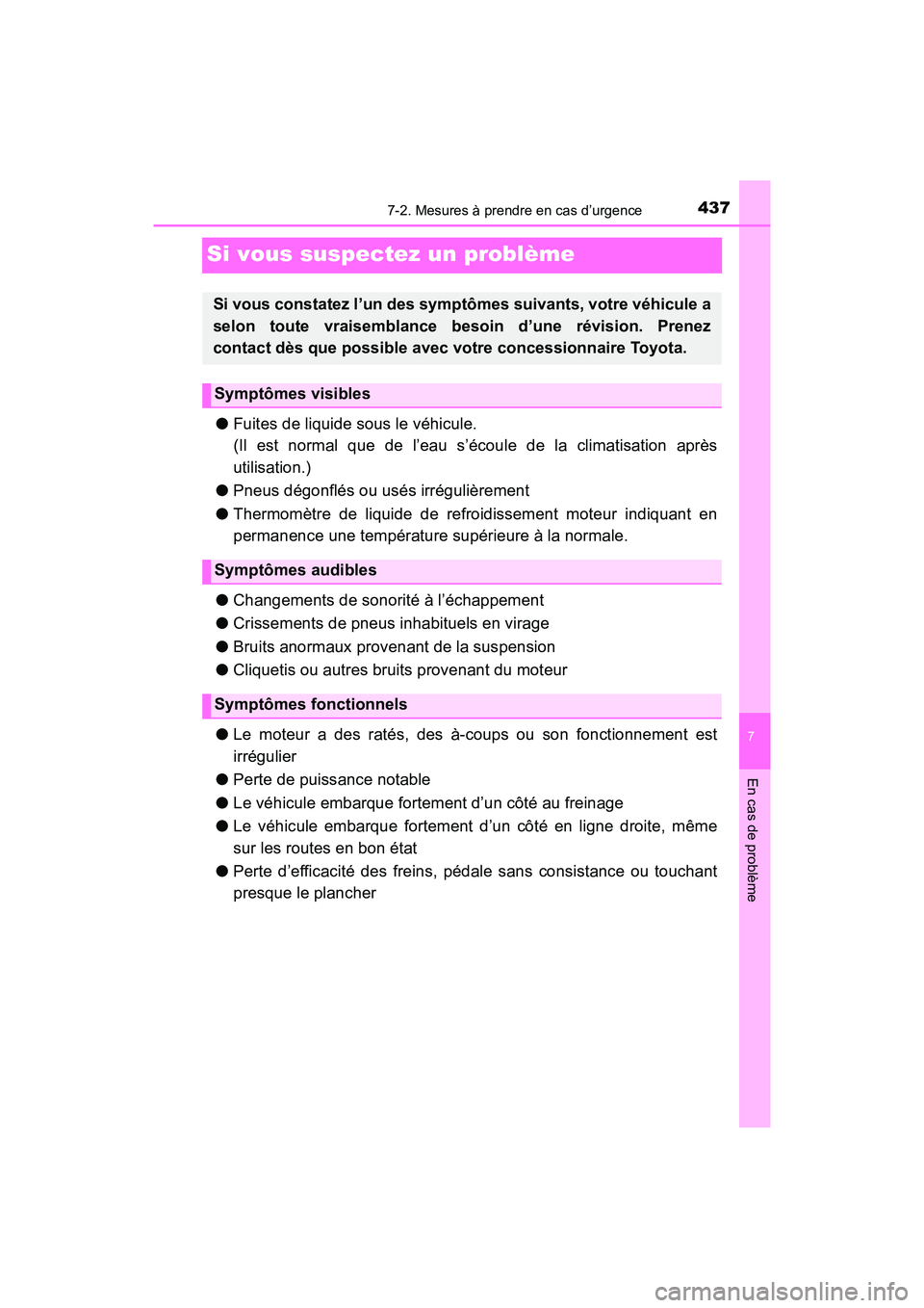 TOYOTA C-HR 2020 Manuel du propriétaire (in French) 4377-2. Mesures à prendre en cas d’urgence
C-HR_OM_USA_OM10634D
7
En cas de problème
Si vous suspectez un problème
●Fuites de liquide sous le véhicule.
(Il est normal que de l’eau s’écoul TOYOTA C-HR 2020 Manuel du propriétaire (in French) 4377-2. Mesures à prendre en cas d’urgence
C-HR_OM_USA_OM10634D
7
En cas de problème
Si vous suspectez un problème
●Fuites de liquide sous le véhicule.
(Il est normal que de l’eau s’écoul