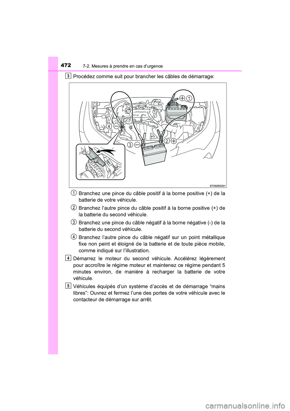 TOYOTA C-HR 2020 Manuel du propriétaire (in French) 4727-2. Mesures à prendre en cas d’urgence
C-HR_OM_USA_OM10634D
Procédez comme suit pour brancher les câbles de démarrage:Branchez une pince du câble positif à la borne positive (+) de la
batt TOYOTA C-HR 2020 Manuel du propriétaire (in French) 4727-2. Mesures à prendre en cas d’urgence
C-HR_OM_USA_OM10634D
Procédez comme suit pour brancher les câbles de démarrage:Branchez une pince du câble positif à la borne positive (+) de la
batt