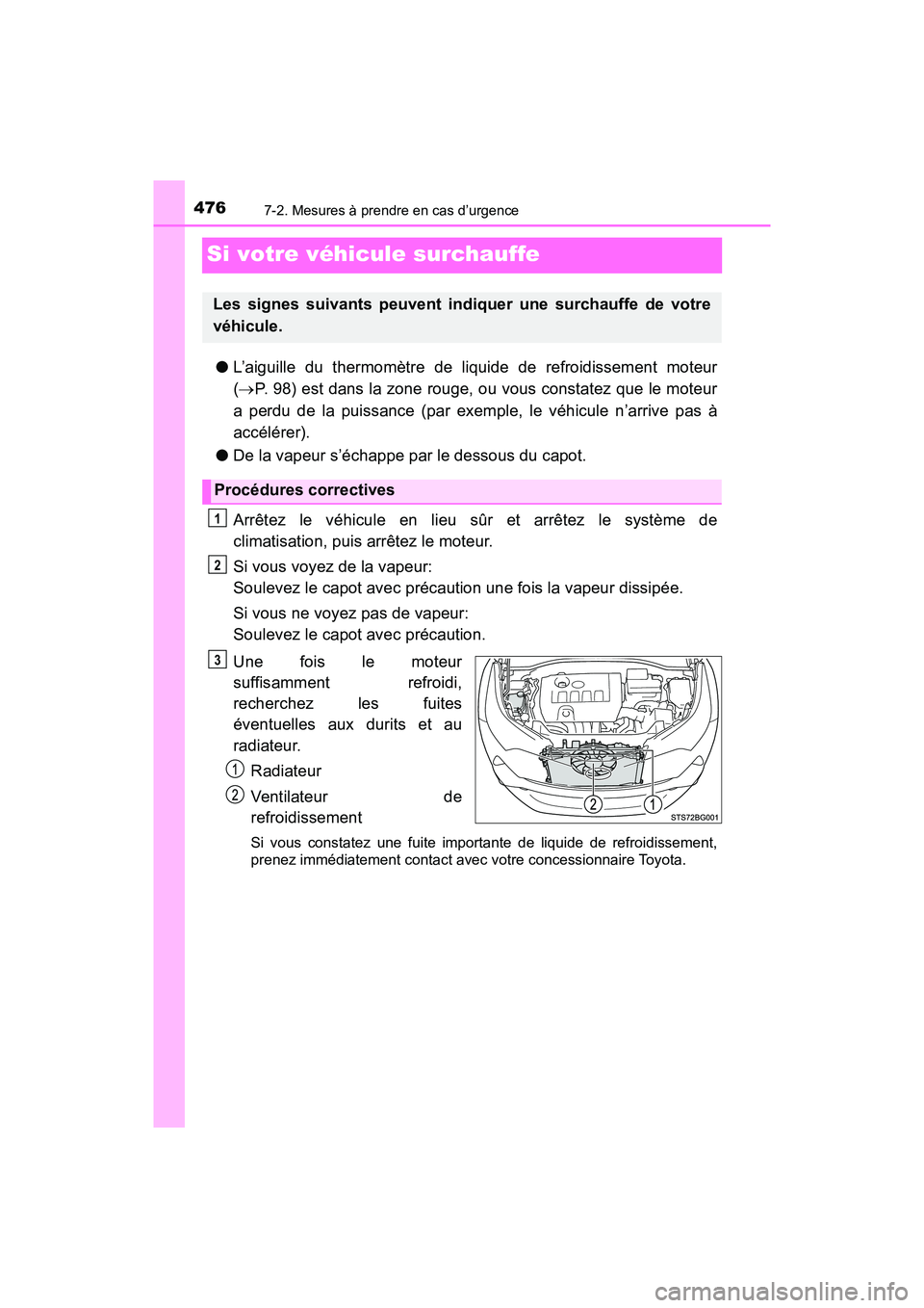 TOYOTA C-HR 2020 Manuel du propriétaire (in French) 4767-2. Mesures à prendre en cas d’urgence
C-HR_OM_USA_OM10634D
Si votre véhicule surchauffe
●L’aiguille du thermomètre de liquide de refroidissement moteur
( P. 98) est dans la zone rouge TOYOTA C-HR 2020 Manuel du propriétaire (in French) 4767-2. Mesures à prendre en cas d’urgence
C-HR_OM_USA_OM10634D
Si votre véhicule surchauffe
●L’aiguille du thermomètre de liquide de refroidissement moteur
( P. 98) est dans la zone rouge