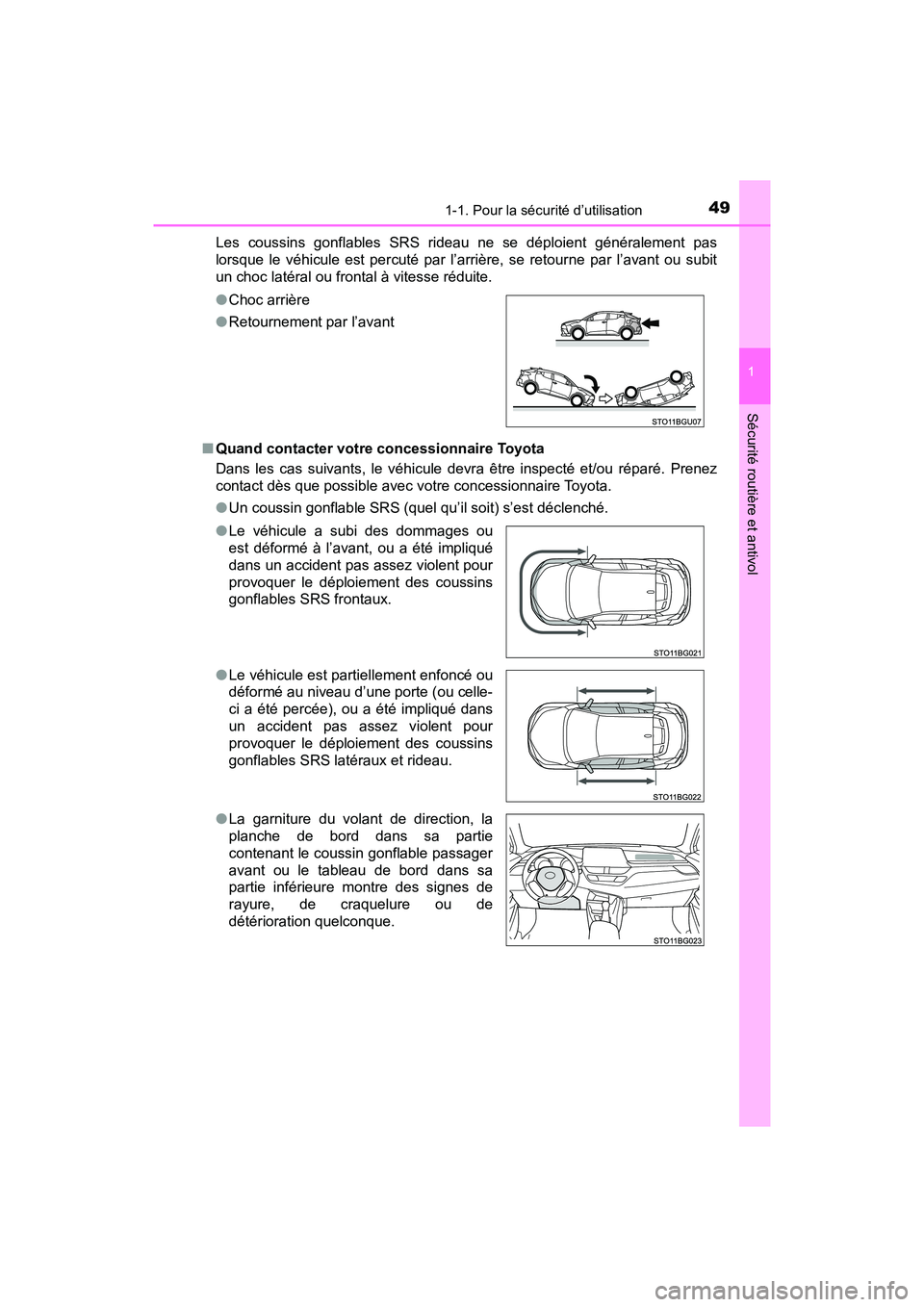 TOYOTA C-HR 2020 Manuel du propriétaire (in French) 491-1. Pour la sécurité d’utilisation
1
Sécurité routière et antivol
C-HR_OM_USA_OM10634DLes coussins gonflables SRS rideau ne se déploient généralement pas
lorsque le véhicule est percuté TOYOTA C-HR 2020 Manuel du propriétaire (in French) 491-1. Pour la sécurité d’utilisation
1
Sécurité routière et antivol
C-HR_OM_USA_OM10634DLes coussins gonflables SRS rideau ne se déploient généralement pas
lorsque le véhicule est percuté