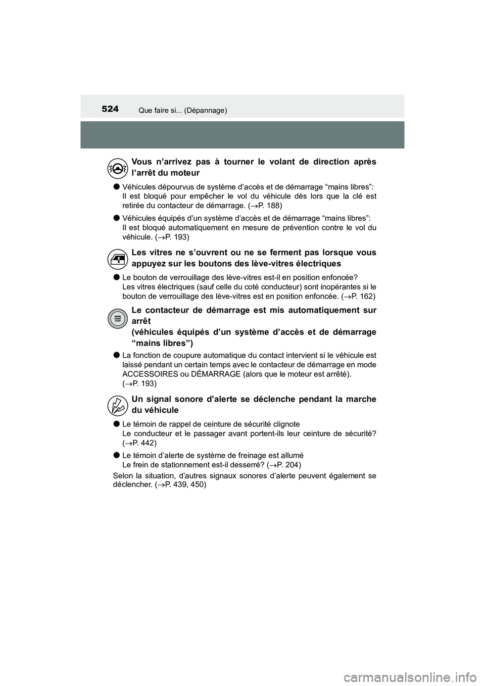 TOYOTA C-HR 2020 Manuel du propriétaire (in French) 524Que faire si... (Dépannage)
C-HR_OM_USA_OM10634D
●Véhicules dépourvus de système d’accès et de démarrage “mains libres”:
Il est bloqué pour empêcher le vol du véhicule dès lors qu TOYOTA C-HR 2020 Manuel du propriétaire (in French) 524Que faire si... (Dépannage)
C-HR_OM_USA_OM10634D
●Véhicules dépourvus de système d’accès et de démarrage “mains libres”:
Il est bloqué pour empêcher le vol du véhicule dès lors qu
