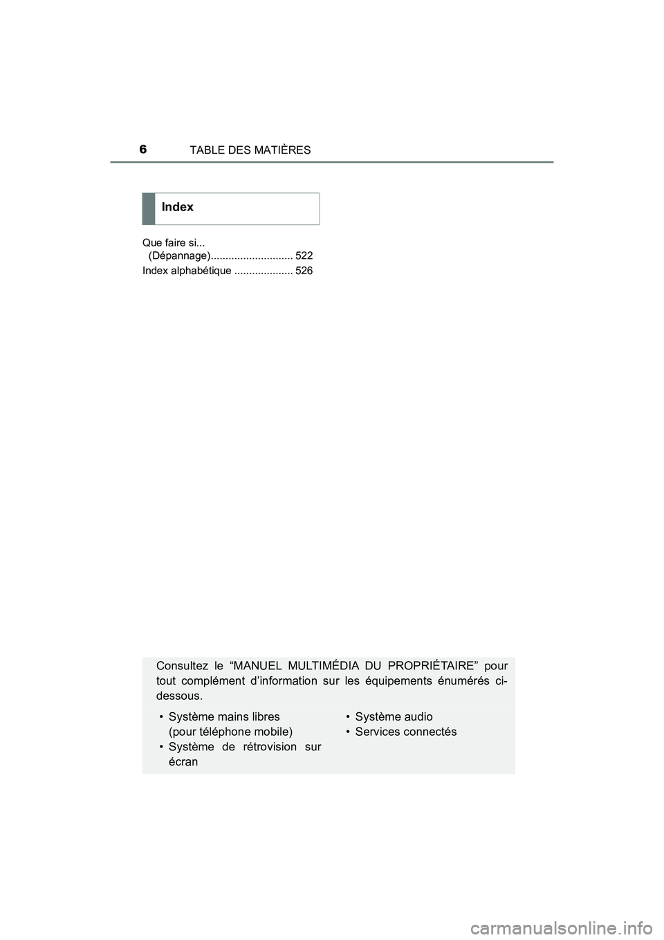 TOYOTA C-HR 2020  Manuel du propriétaire (in French) TABLE DES MATIÈRES6
C-HR_OM_USA_OM10634DQue faire si... 
(Dépannage)............................ 522
Index alphabétique .................... 526
Index
Consultez le “MANUEL MULTIMÉDIA DU PROPRIÉ