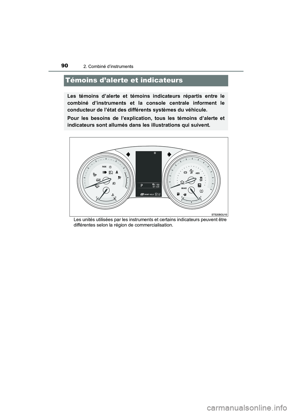 TOYOTA C-HR 2020 Manuel du propriétaire (in French) 902. Combiné d’instruments
C-HR_OM_USA_OM10634D
Témoins d’alerte et indicateurs
Les unités utilisées par les instruments et certains indicateurs peuvent être
différentes selon la région de TOYOTA C-HR 2020 Manuel du propriétaire (in French) 902. Combiné d’instruments
C-HR_OM_USA_OM10634D
Témoins d’alerte et indicateurs
Les unités utilisées par les instruments et certains indicateurs peuvent être
différentes selon la région de
