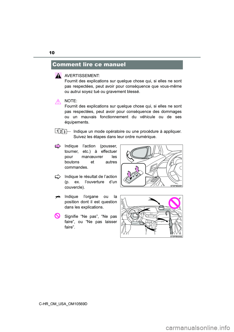 TOYOTA C-HR 2019  Manuel du propriétaire (in French) 10
C-HR_OM_USA_OM10569D
Comment lire ce manuel
AVERTISSEMENT: 
Fournit des explications sur quelque chose qui, si elles ne sont
pas respectées, peut avoir pour conséquence que vous-même
ou autrui s