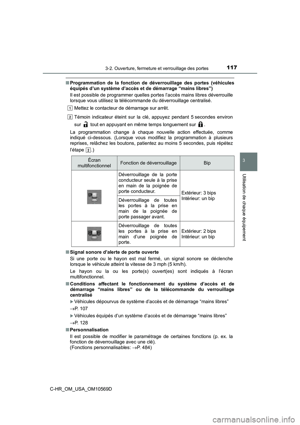 TOYOTA C-HR 2019  Manuel du propriétaire (in French) 1173-2. Ouverture, fermeture et verrouillage des portes
3
Utilisation de chaque équipement
C-HR_OM_USA_OM10569D
■Programmation de la fonction de déverrouillage des portes (véhicules
équipés d