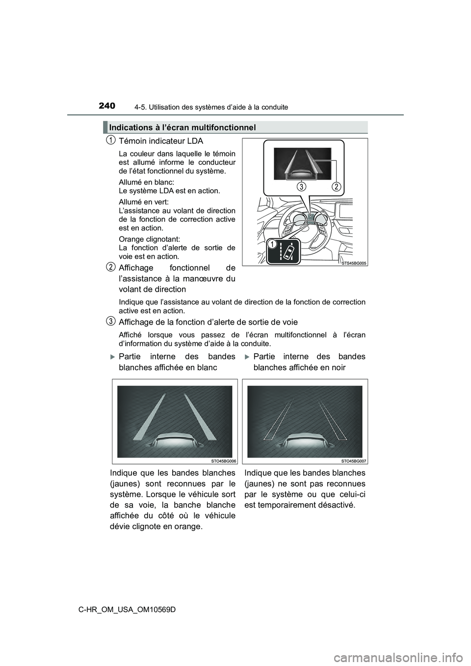 TOYOTA C-HR 2019  Manuel du propriétaire (in French) 2404-5. Utilisation des systèmes d’aide à la conduite
C-HR_OM_USA_OM10569D
Témoin indicateur LDA
La couleur dans laquelle le témoin
est allumé informe le conducteur
de l’état fonctionnel du 
