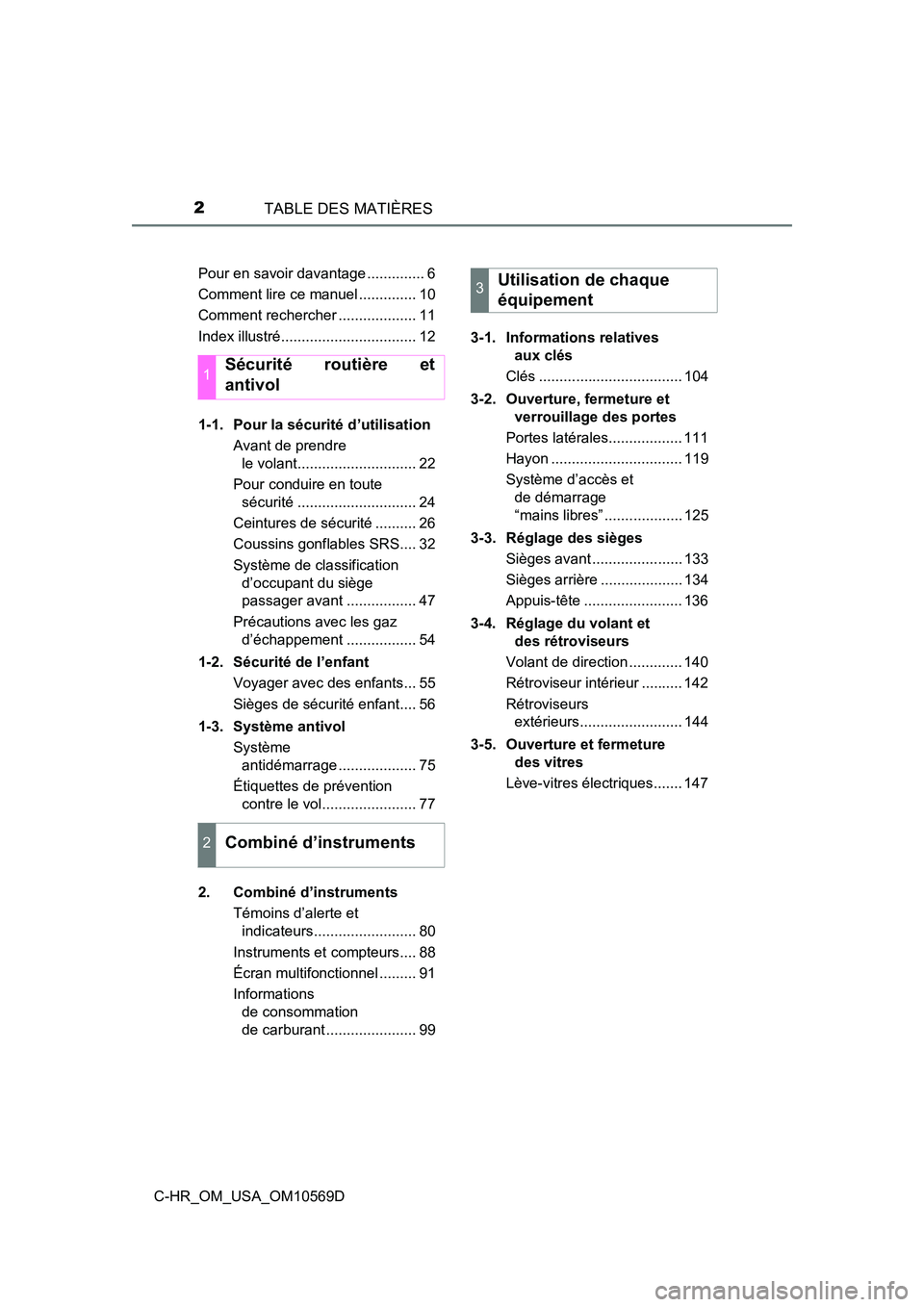TOYOTA C-HR 2019 Manuel du propriétaire (in French) TABLE DES MATIÈRES2
C-HR_OM_USA_OM10569DPour en savoir davantage .............. 6
Comment lire ce manuel .............. 10
Comment rechercher ................... 11
Index illustré................... TOYOTA C-HR 2019 Manuel du propriétaire (in French) TABLE DES MATIÈRES2
C-HR_OM_USA_OM10569DPour en savoir davantage .............. 6
Comment lire ce manuel .............. 10
Comment rechercher ................... 11
Index illustré...................