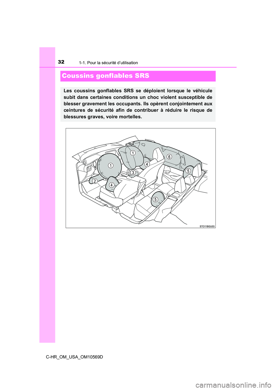TOYOTA C-HR 2019  Manuel du propriétaire (in French) 321-1. Pour la sécurité d’utilisation
C-HR_OM_USA_OM10569D
Coussins gonflables SRS
Les coussins gonflables SRS se déploient lorsque le véhicule
subit dans certaines conditions un choc violent su