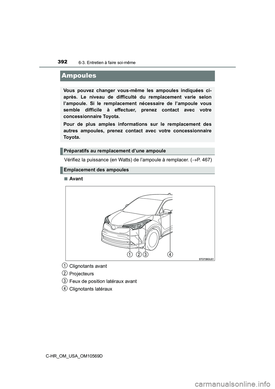 TOYOTA C-HR 2019  Manuel du propriétaire (in French) 3926-3. Entretien à faire soi-même
C-HR_OM_USA_OM10569D
Ampoules
Vérifiez la puissance (en Watts) de l’ampoule à remplacer. (P. 467)
■Avant
Clignotants avant
Projecteurs
Feux de position la