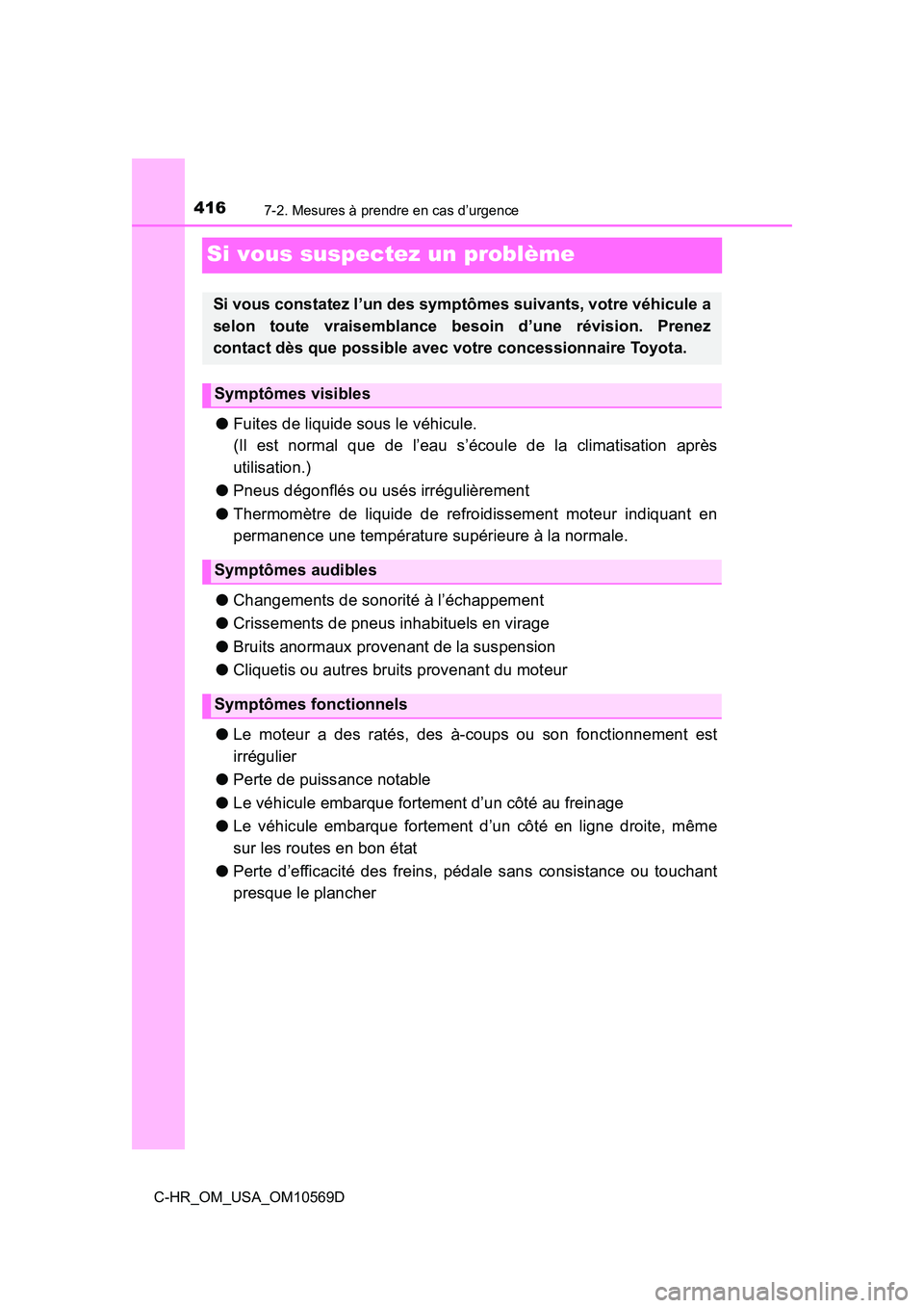 TOYOTA C-HR 2019  Manuel du propriétaire (in French) 4167-2. Mesures à prendre en cas d’urgence
C-HR_OM_USA_OM10569D
Si vous suspectez un problème
●Fuites de liquide sous le véhicule.
(Il est normal que de l’eau s’écoule de la climatisation 
