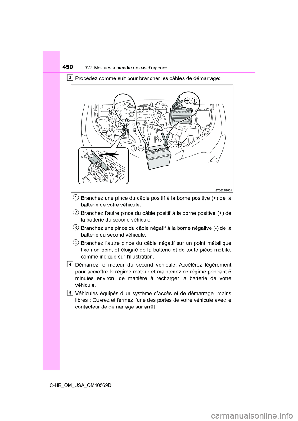 TOYOTA C-HR 2019 Manuel du propriétaire (in French) 4507-2. Mesures à prendre en cas d’urgence
C-HR_OM_USA_OM10569D
Procédez comme suit pour brancher les câbles de démarrage:Branchez une pince du câble positif à la borne positive (+) de la
batt TOYOTA C-HR 2019 Manuel du propriétaire (in French) 4507-2. Mesures à prendre en cas d’urgence
C-HR_OM_USA_OM10569D
Procédez comme suit pour brancher les câbles de démarrage:Branchez une pince du câble positif à la borne positive (+) de la
batt