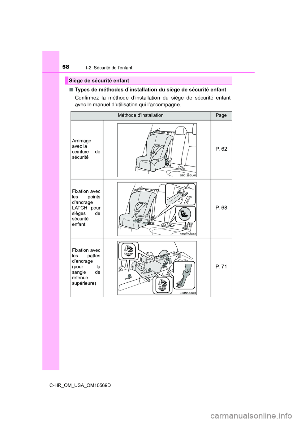 TOYOTA C-HR 2019 Manuel du propriétaire (in French) 581-2. Sécurité de l’enfant
C-HR_OM_USA_OM10569D■
Types de méthodes d’installation du siège de sécurité enfant
Confirmez la méthode d’installation du siège de sécurité enfant
avec le TOYOTA C-HR 2019 Manuel du propriétaire (in French) 581-2. Sécurité de l’enfant
C-HR_OM_USA_OM10569D■
Types de méthodes d’installation du siège de sécurité enfant
Confirmez la méthode d’installation du siège de sécurité enfant
avec le