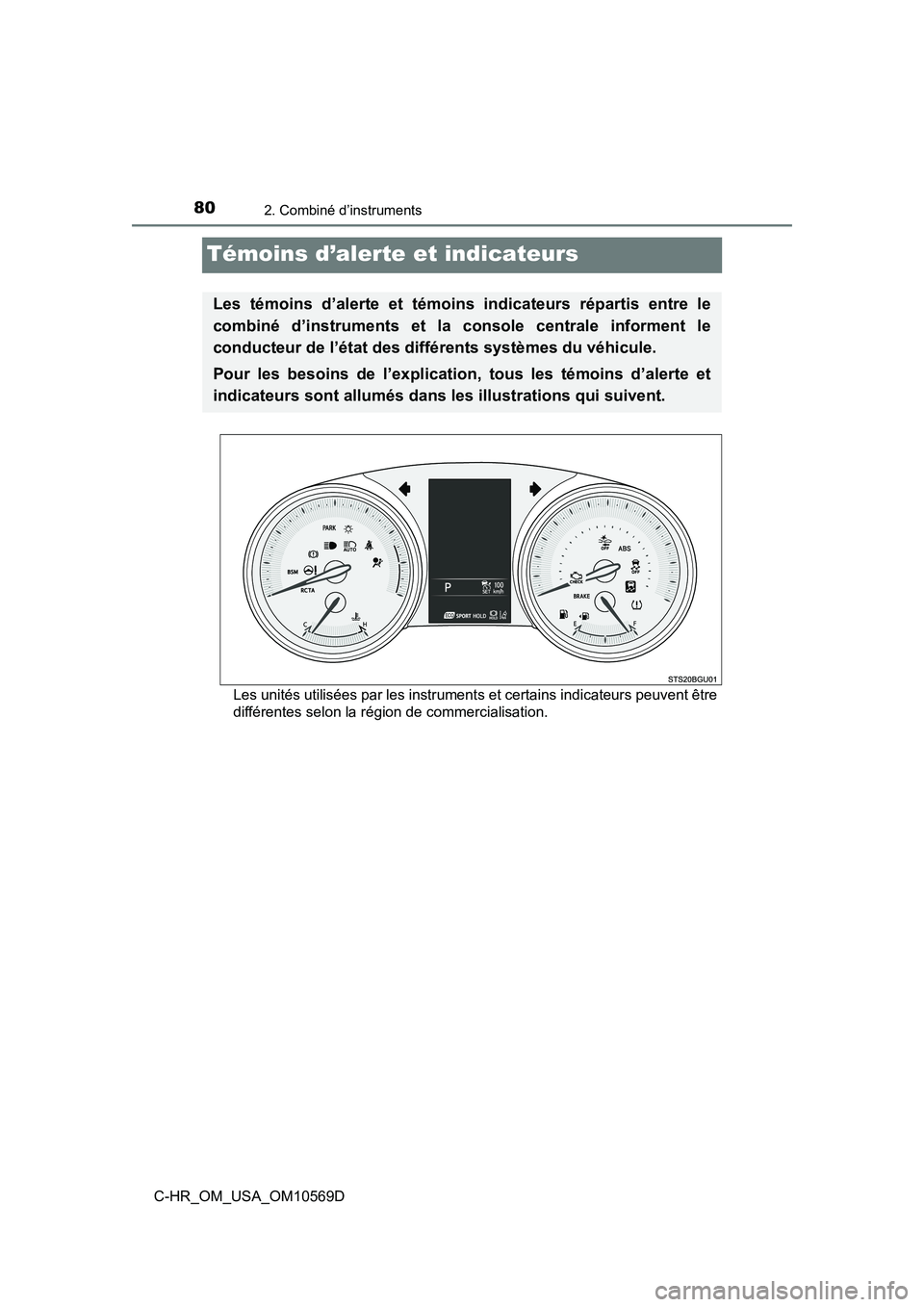 TOYOTA C-HR 2019 Manuel du propriétaire (in French) 802. Combiné d’instruments
C-HR_OM_USA_OM10569D
Témoins d’alerte et indicateurs
Les unités utilisées par les instruments et certains indicateurs peuvent être
différentes selon la région de TOYOTA C-HR 2019 Manuel du propriétaire (in French) 802. Combiné d’instruments
C-HR_OM_USA_OM10569D
Témoins d’alerte et indicateurs
Les unités utilisées par les instruments et certains indicateurs peuvent être
différentes selon la région de