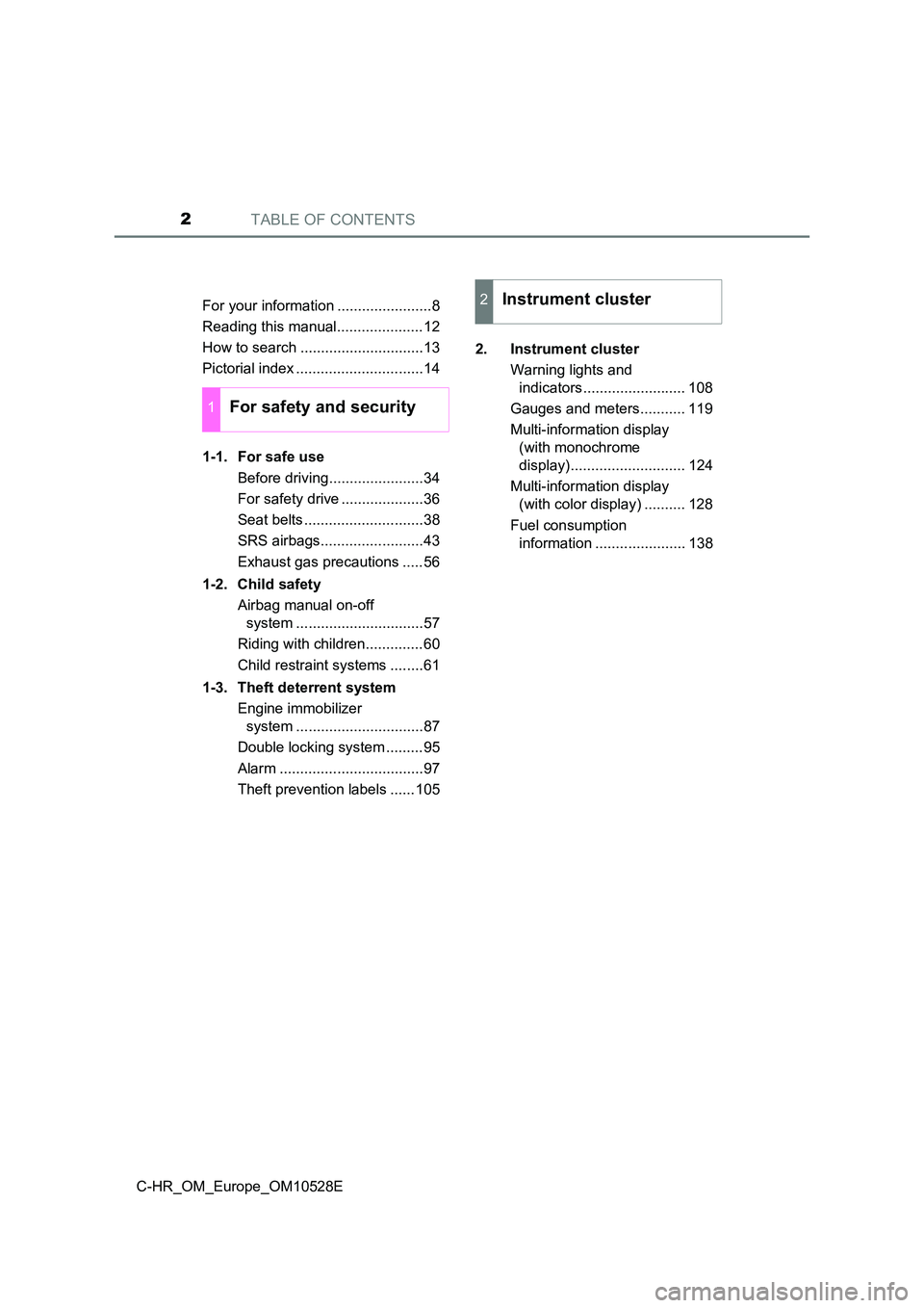 TOYOTA C-HR 2016 Owners Manual TABLE OF CONTENTS2
C-HR_OM_Europe_OM10528E
For your information .......................8
Reading this manual.....................12
How to search ..............................13
Pictorial index . TOYOTA C-HR 2016 Owners Manual TABLE OF CONTENTS2
C-HR_OM_Europe_OM10528E
For your information .......................8
Reading this manual.....................12
How to search ..............................13
Pictorial index .