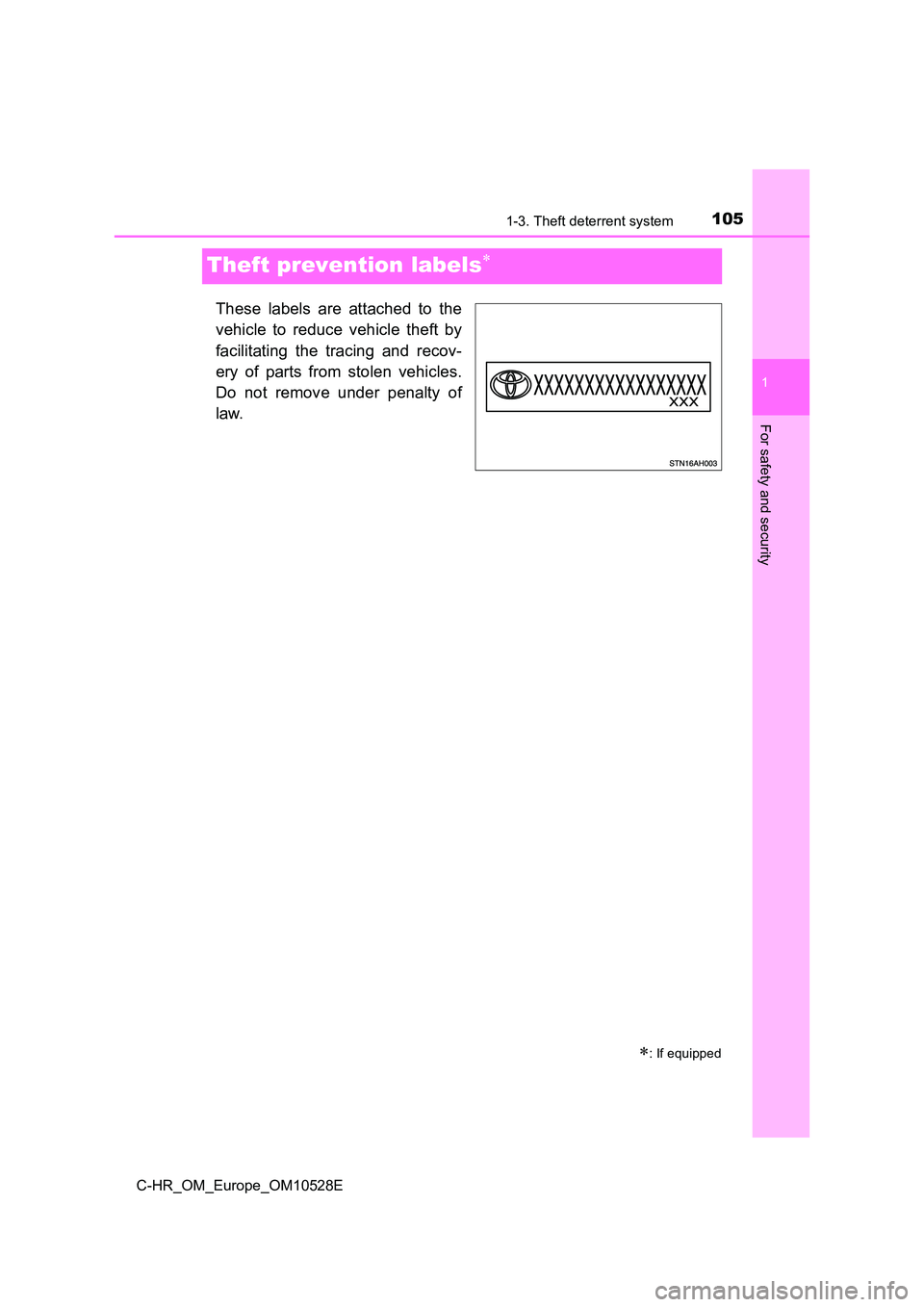 TOYOTA C-HR 2017  Owners Manual 1051-3. Theft deterrent system
1
For safety and security
C-HR_OM_Europe_OM10528E
Theft prevention labels
These labels are attached to the 
vehicle to reduce vehicle theft by 
facilitating the traci