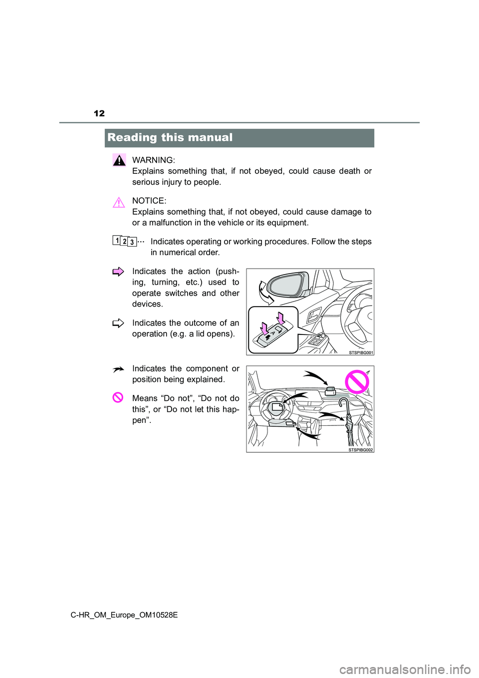 TOYOTA C-HR 2017 User Guide 12
C-HR_OM_Europe_OM10528E
Reading this manual
WARNING:
Explains something that, if not obeyed, could cause death or
serious injury to people.
NOTICE:
Explains something that, if not obeyed, cou TOYOTA C-HR 2017 User Guide 12
C-HR_OM_Europe_OM10528E
Reading this manual
WARNING:
Explains something that, if not obeyed, could cause death or
serious injury to people.
NOTICE:
Explains something that, if not obeyed, cou