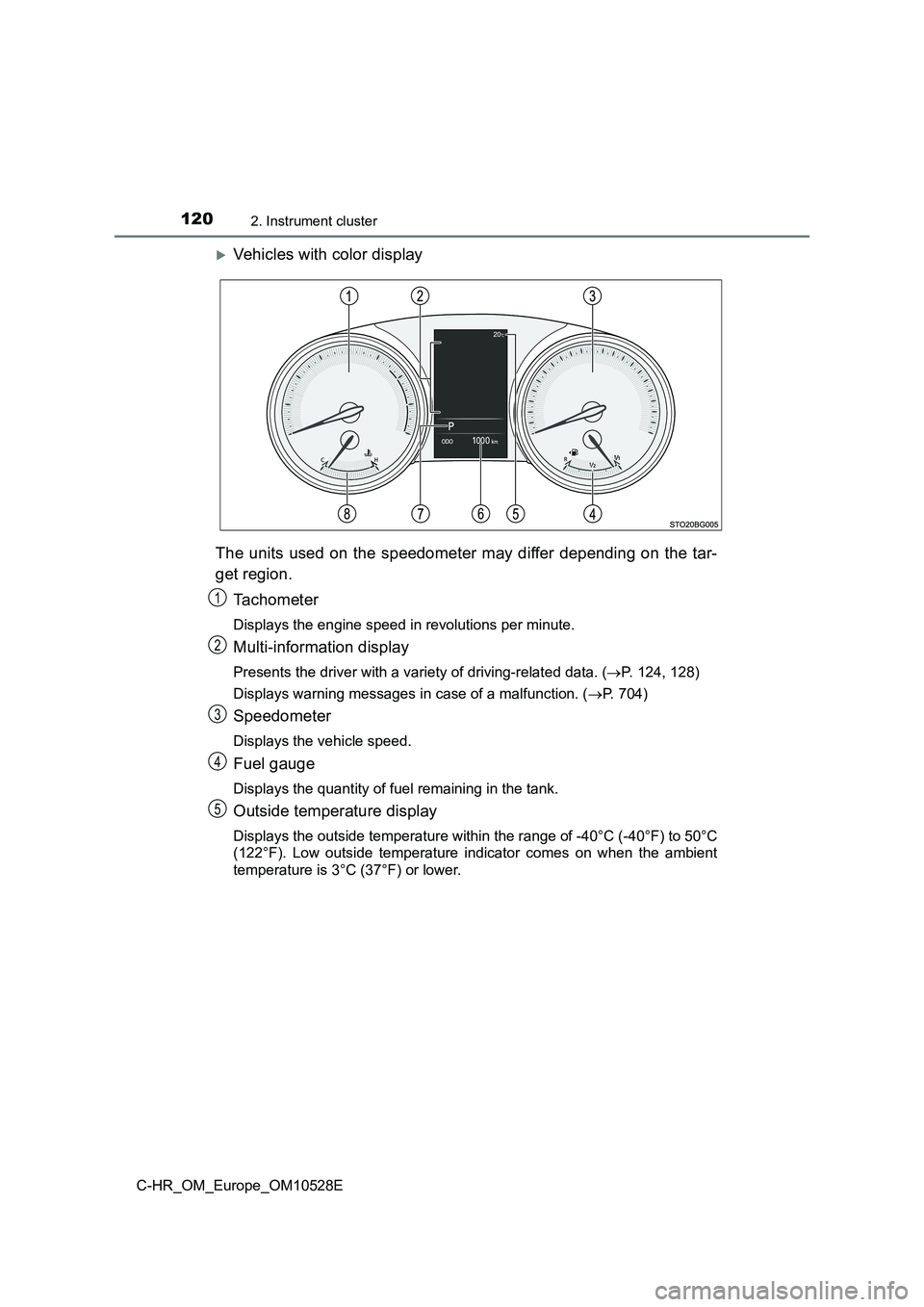 TOYOTA C-HR 2017 Owners Manual 1202. Instrument cluster
C-HR_OM_Europe_OM10528E
Vehicles with color display
The units used on the speedometer may differ depending on the tar-
get region.
Tachometer
Displays the engine speed i TOYOTA C-HR 2017 Owners Manual 1202. Instrument cluster
C-HR_OM_Europe_OM10528E
Vehicles with color display
The units used on the speedometer may differ depending on the tar-
get region.
Tachometer
Displays the engine speed i