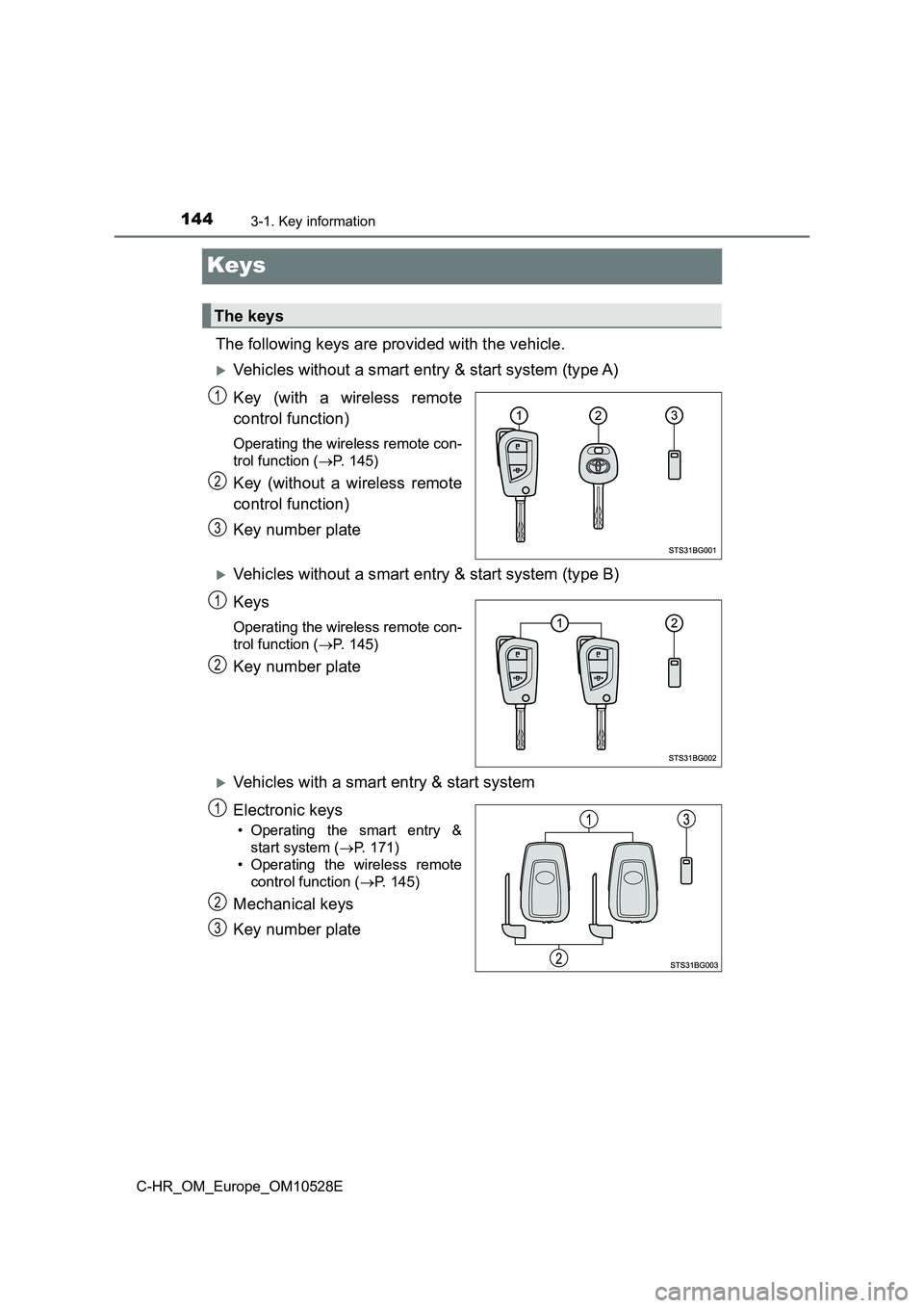 TOYOTA C-HR 2016 Owners Manual 1443-1. Key information
C-HR_OM_Europe_OM10528E
Keys
The following keys are provided with the vehicle.
Vehicles without a smart entry & start system (type A)
Key (with a wireless remote
control f TOYOTA C-HR 2016 Owners Manual 1443-1. Key information
C-HR_OM_Europe_OM10528E
Keys
The following keys are provided with the vehicle.
Vehicles without a smart entry & start system (type A)
Key (with a wireless remote
control f