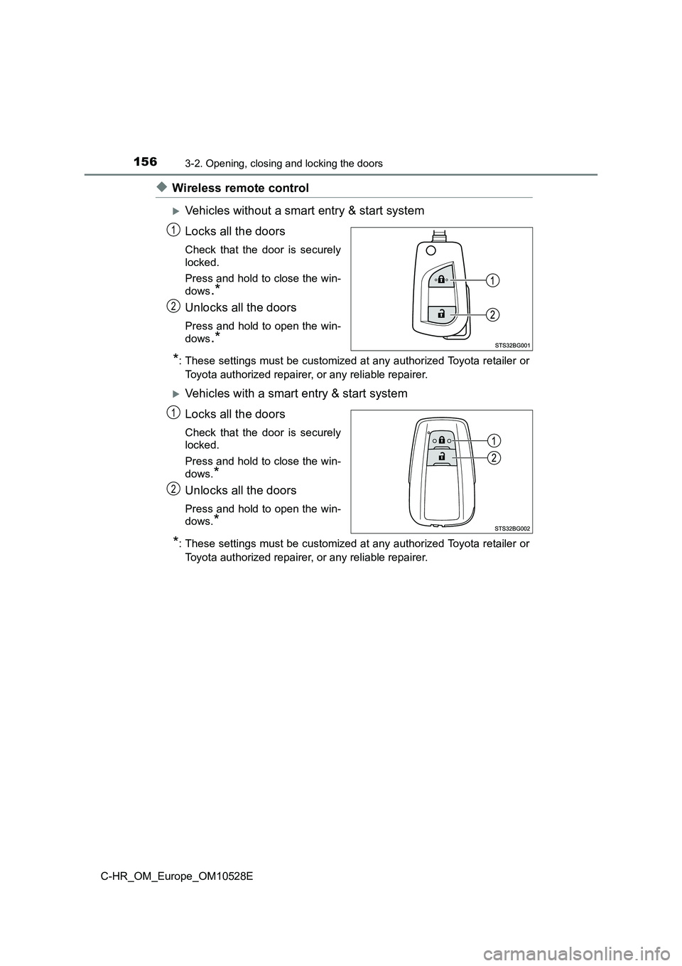 TOYOTA C-HR 2016  Owners Manual 1563-2. Opening, closing and locking the doors
C-HR_OM_Europe_OM10528E
◆Wireless remote control
Vehicles without a smart entry & start system 
Locks all the doors
Check that the door is securely 