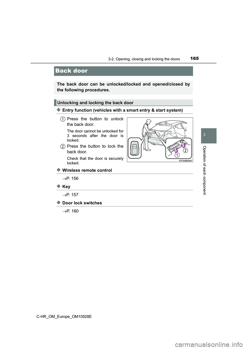 TOYOTA C-HR 2016 Owners Manual 165
3
3-2. Opening, closing and locking the doors
Operation of each component
C-HR_OM_Europe_OM10528E
Back door
◆Entry function (vehicles with a smart entry & start system)
Press the button to unlo TOYOTA C-HR 2016 Owners Manual 165
3
3-2. Opening, closing and locking the doors
Operation of each component
C-HR_OM_Europe_OM10528E
Back door
◆Entry function (vehicles with a smart entry & start system)
Press the button to unlo